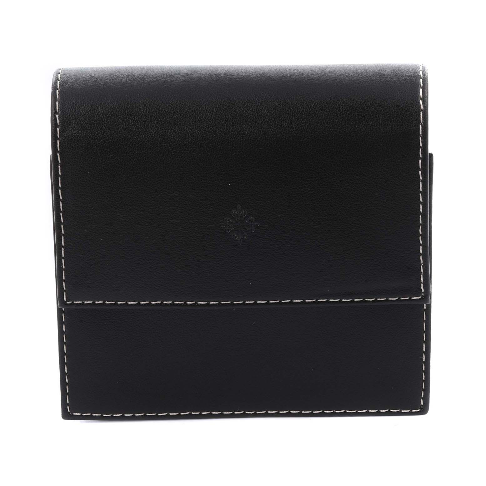 This is a front view of a closed black leather case for a Patek Philippe Calatrava 3919J Men's Yellow Gold White Dial 3919J Men's Yellow Gold White Dial watch.