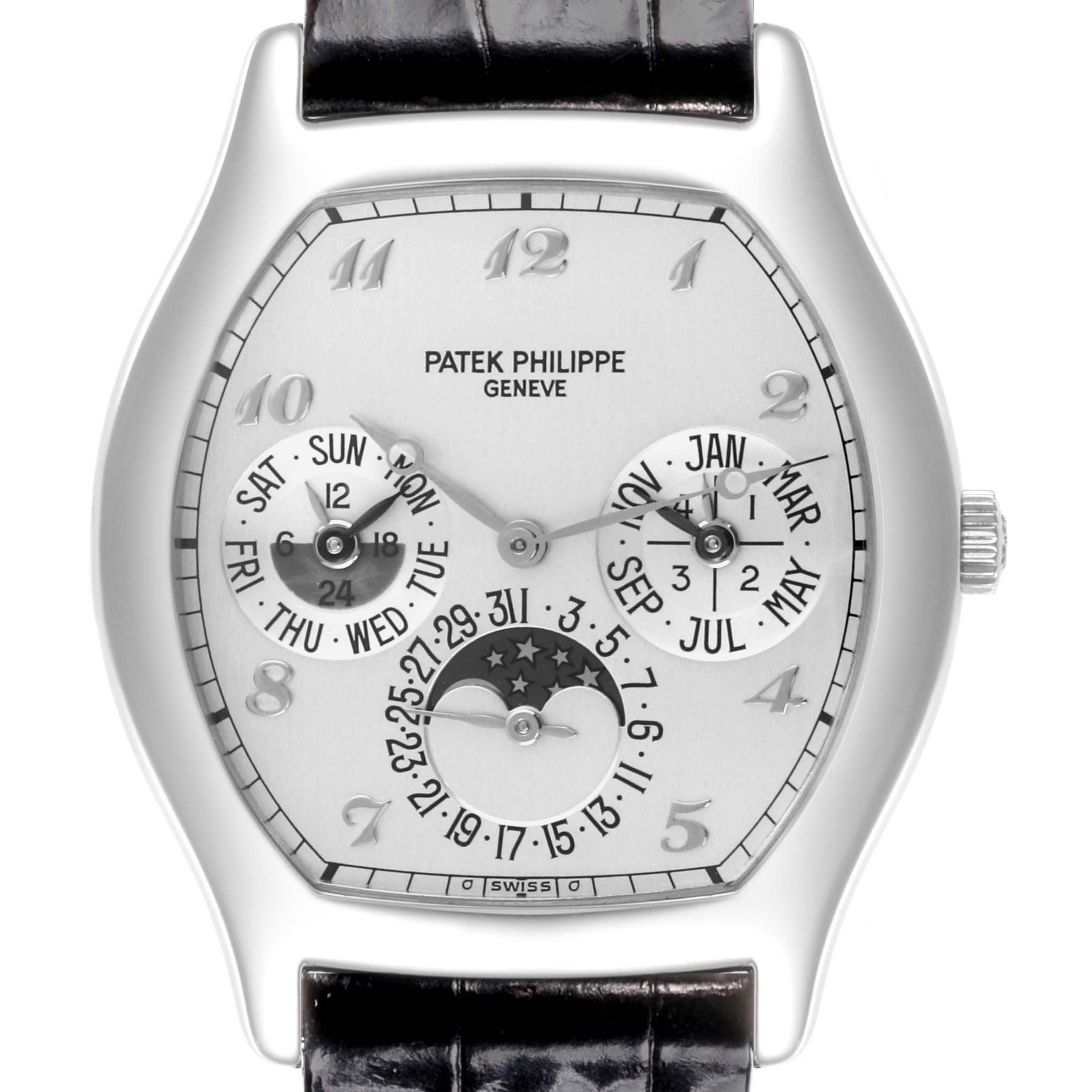 The image shows a front view of the Patek Philippe Complications 5040G Men's White Gold Silver Dial 5040G Men's White Gold Silver Dial watch, displaying its dial and sub-dials.