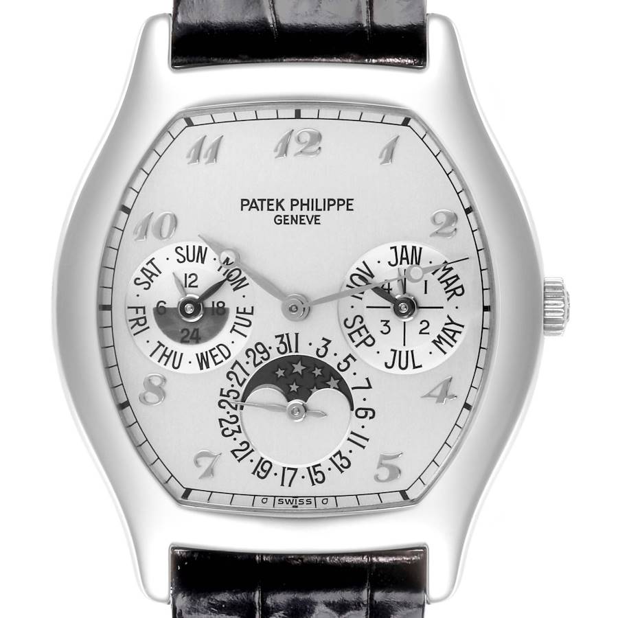 The image shows a front view of the Patek Philippe Complications watch, displaying its dial and sub-dials.