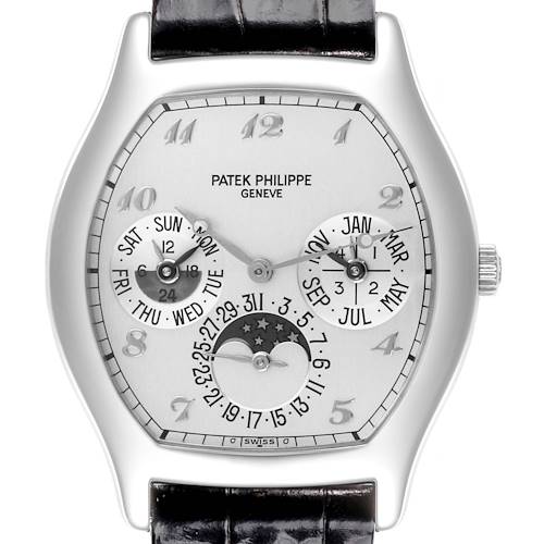 The Patek Philippe Complications watch is shown from the front, displaying its dial, subdials, and crown.