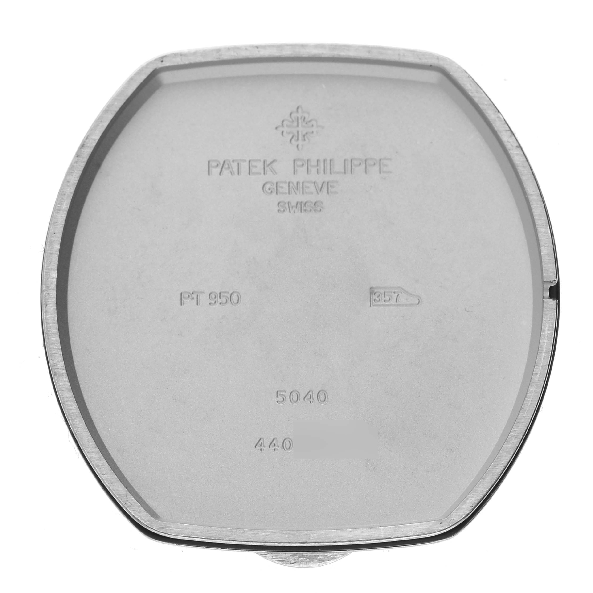 The image shows the case back for a Patek Philippe Complications 5040G Men's White Gold Silver Dial 5040G Men's White Gold Silver Dial model 5040.