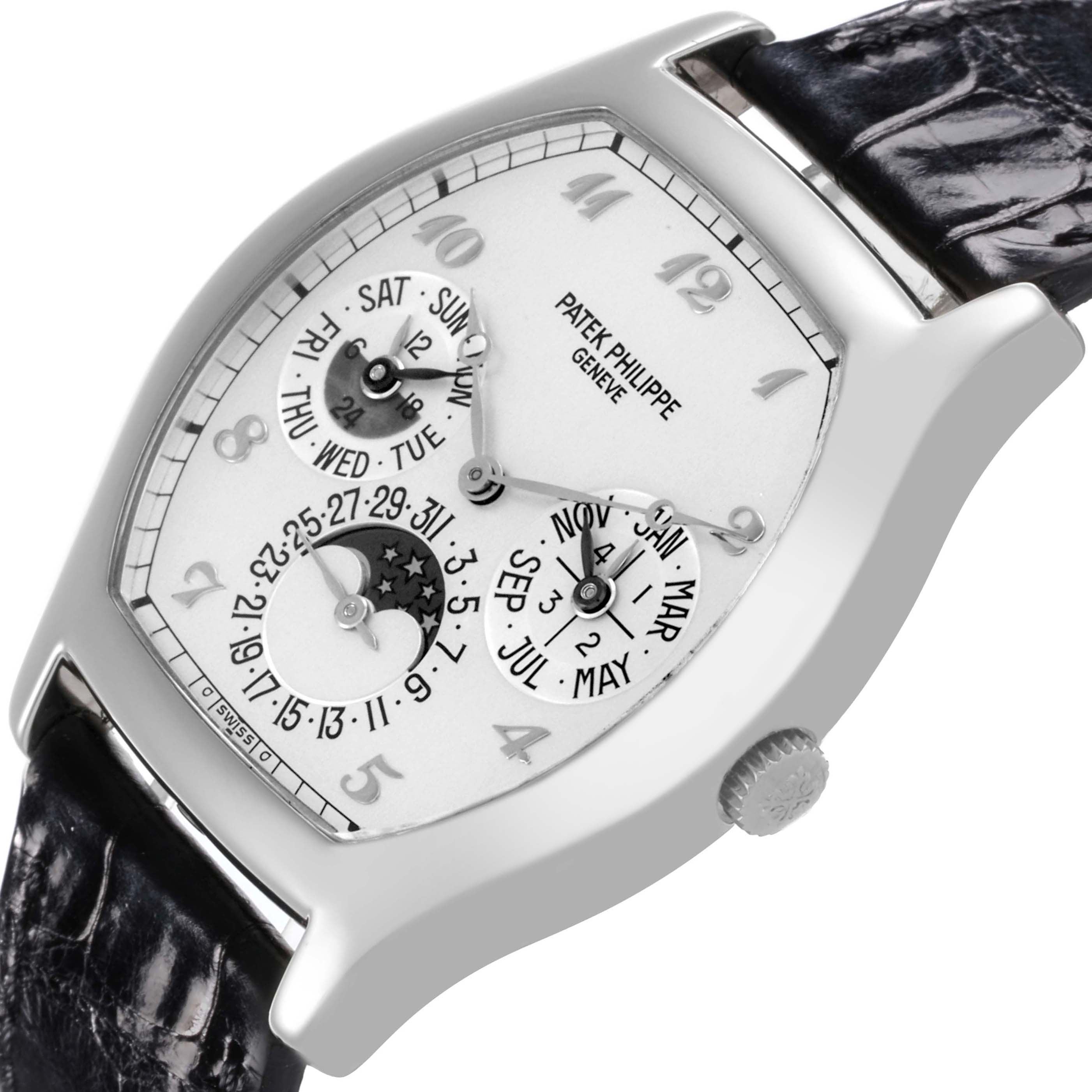 The Patek Philippe Complications 5040G Men's White Gold Silver Dial 5040G Men's White Gold Silver Dial watch is angled diagonally, showing the face, dial details, and part of the strap.