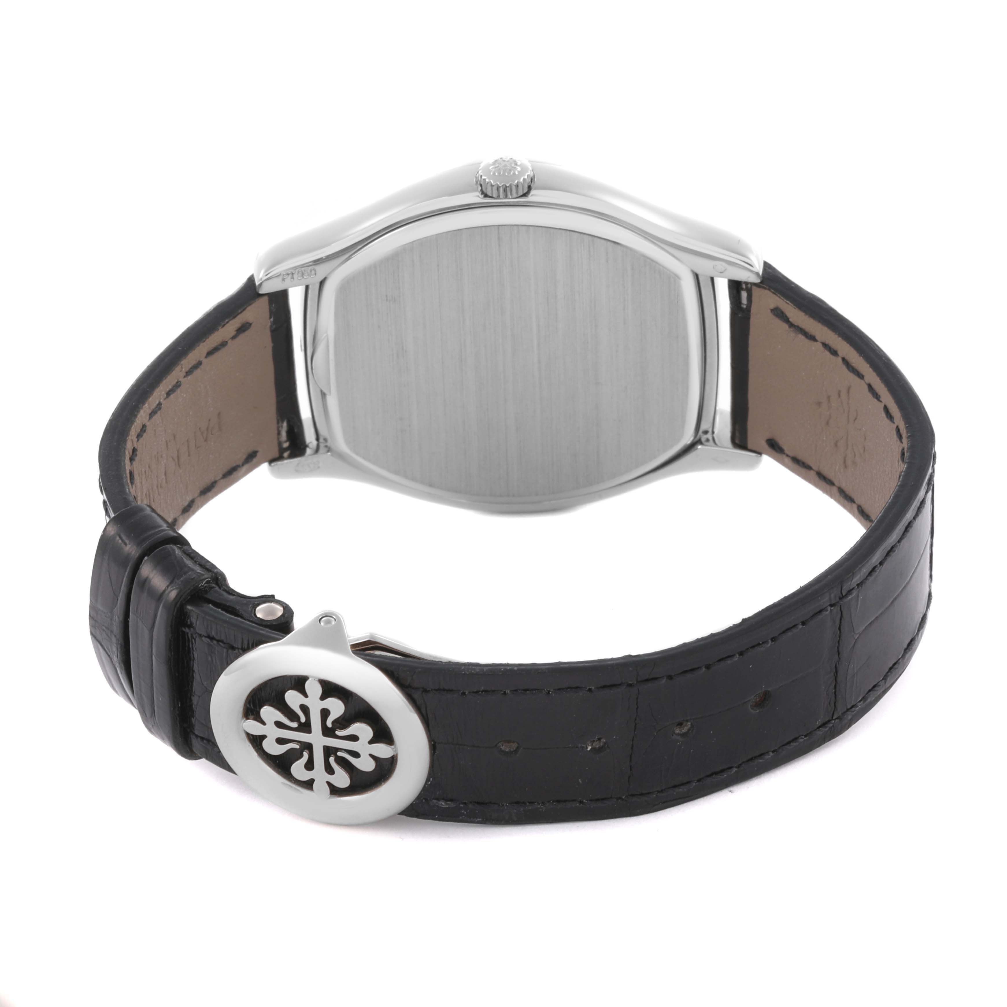 The watch is shown from the back angle, highlighting the case back, strap, and clasp on the Patek Philippe Complications 5040G Men's White Gold Silver Dial 5040G Men's White Gold Silver Dial model.