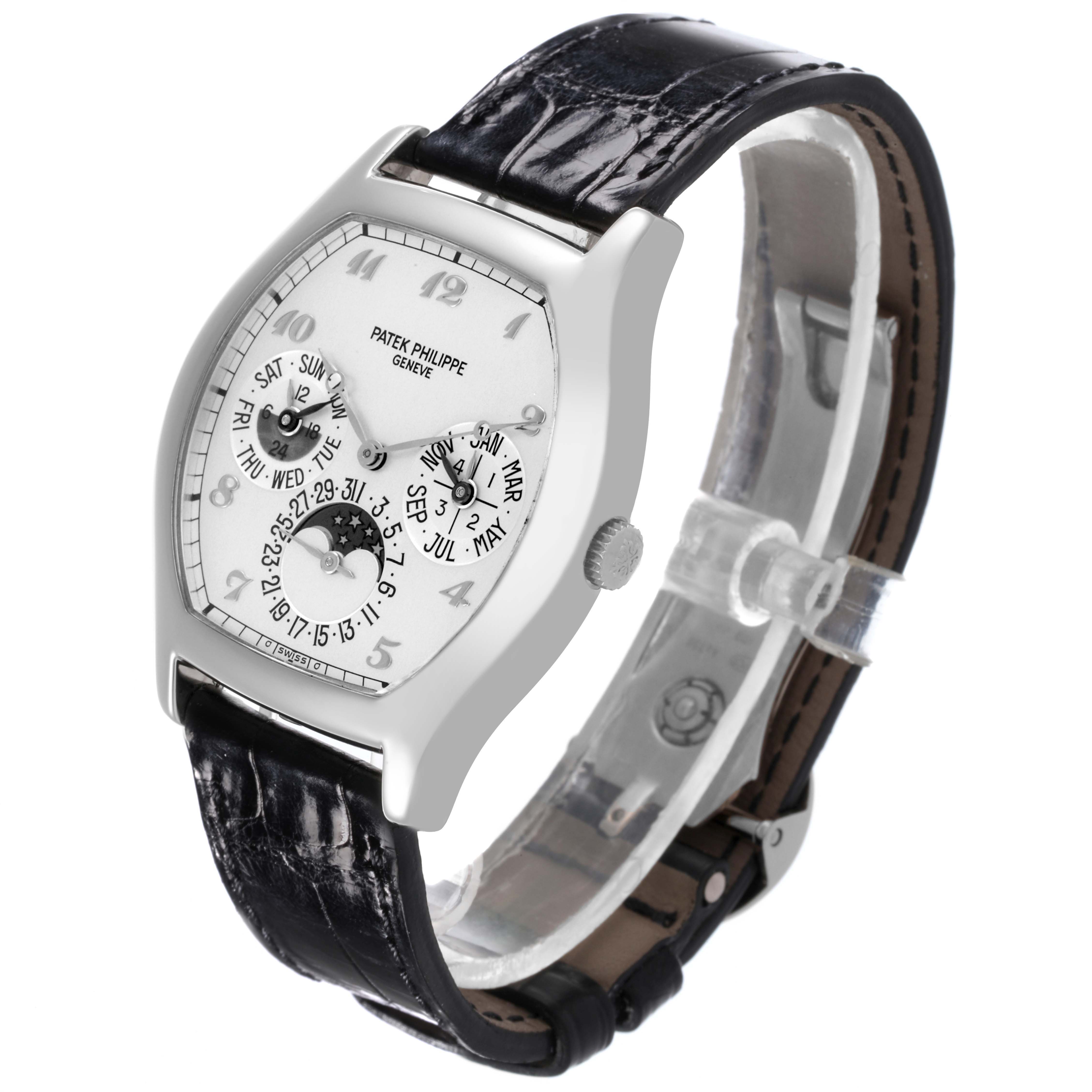 The Patek Philippe Complications 5040G Men's White Gold Silver Dial 5040G Men's White Gold Silver Dial model is shown at a slight angle, highlighting the dial, case, crown, and leather strap.