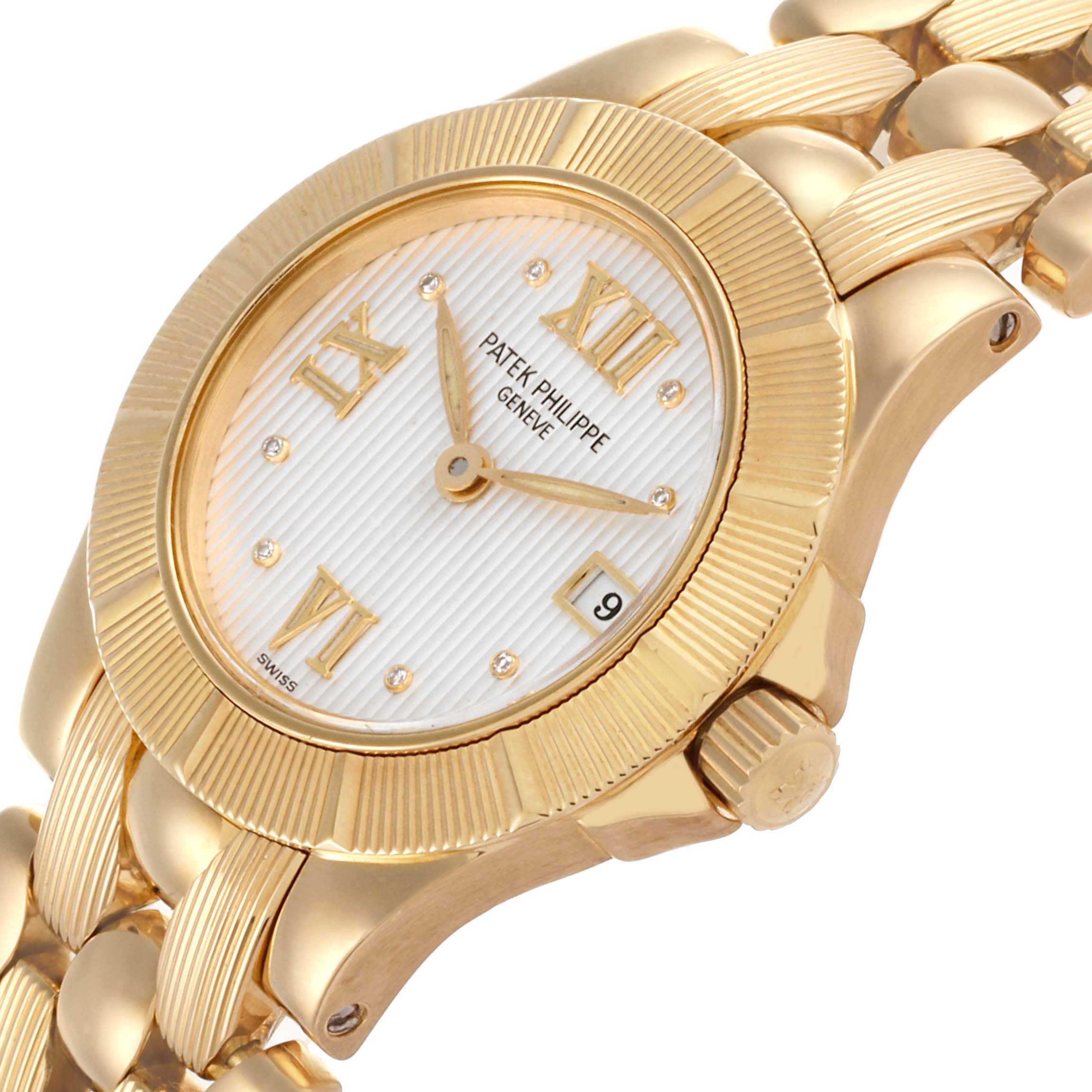The Patek Philippe Neptune 4881/1J-001 Women's Yellow Gold Silver Dial 4881/1J-001 Women's Yellow Gold Silver Dial watch is shown at an angle highlighting the dial, bezel, crown, and part of the bracelet.