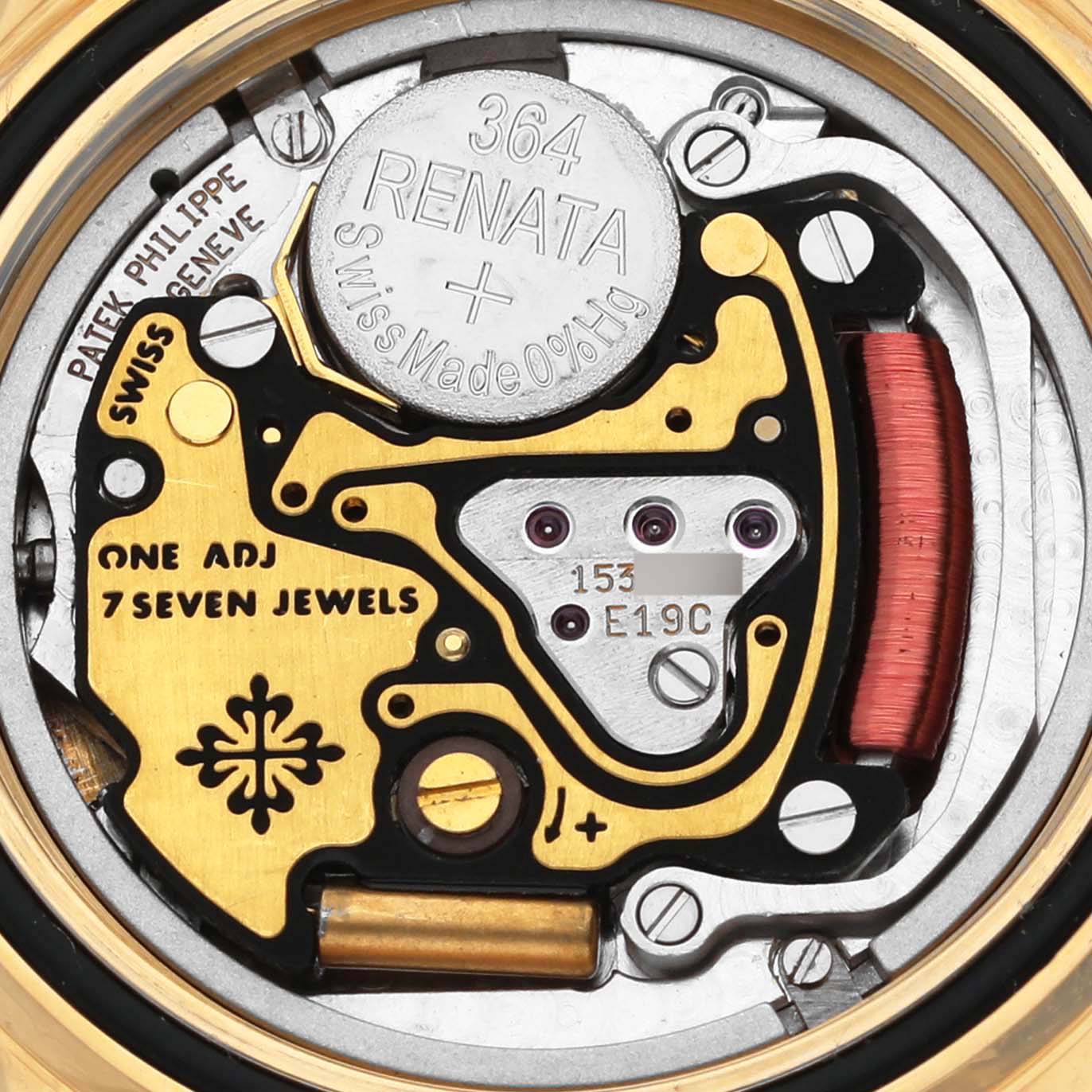 The image shows the movement and inner workings of the Patek Philippe Neptune 4881/1J-001 Women's Yellow Gold Silver Dial 4881/1J-001 Women's Yellow Gold Silver Dial watch from a top-down angle.