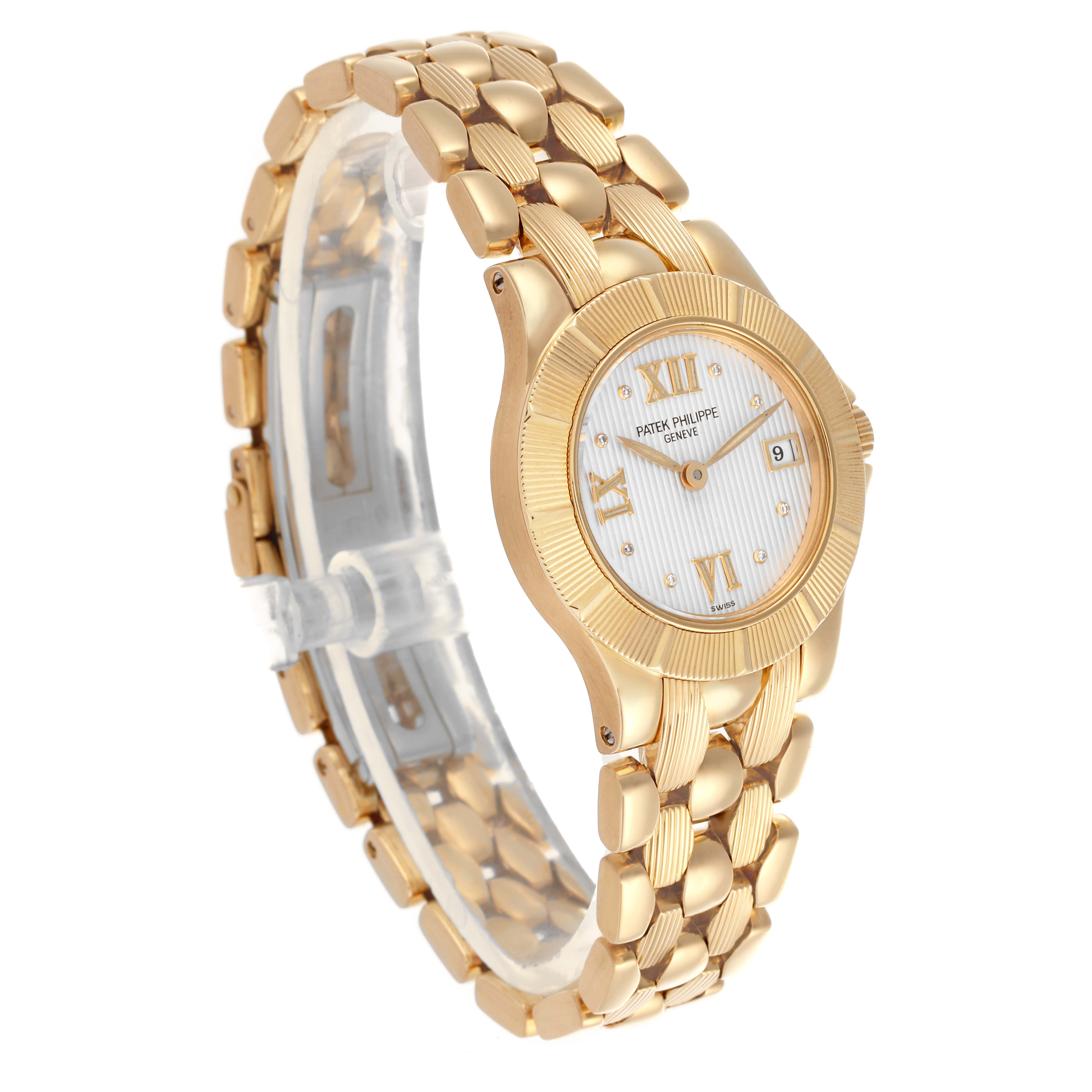 The Patek Philippe Neptune 4881/1J-001 Women's Yellow Gold Silver Dial 4881/1J-001 Women's Yellow Gold Silver Dial watch is shown from a three-quarter angle, highlighting the dial, bezel, and bracelet.