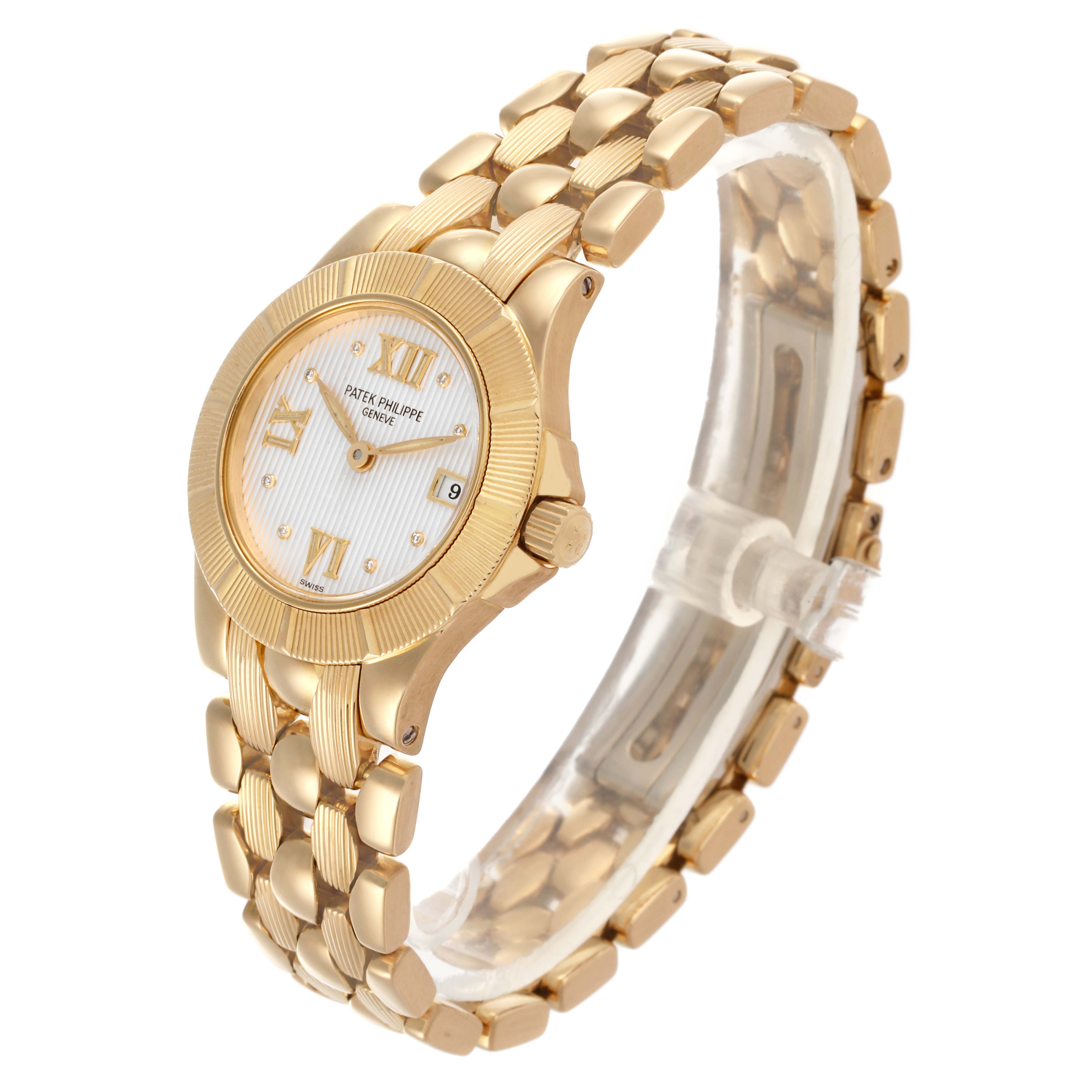 The Patek Philippe Neptune 4881/1J-001 Women's Yellow Gold Silver Dial 4881/1J-001 Women's Yellow Gold Silver Dial watch is shown at a three-quarter angle, highlighting the case, dial, and bracelet.