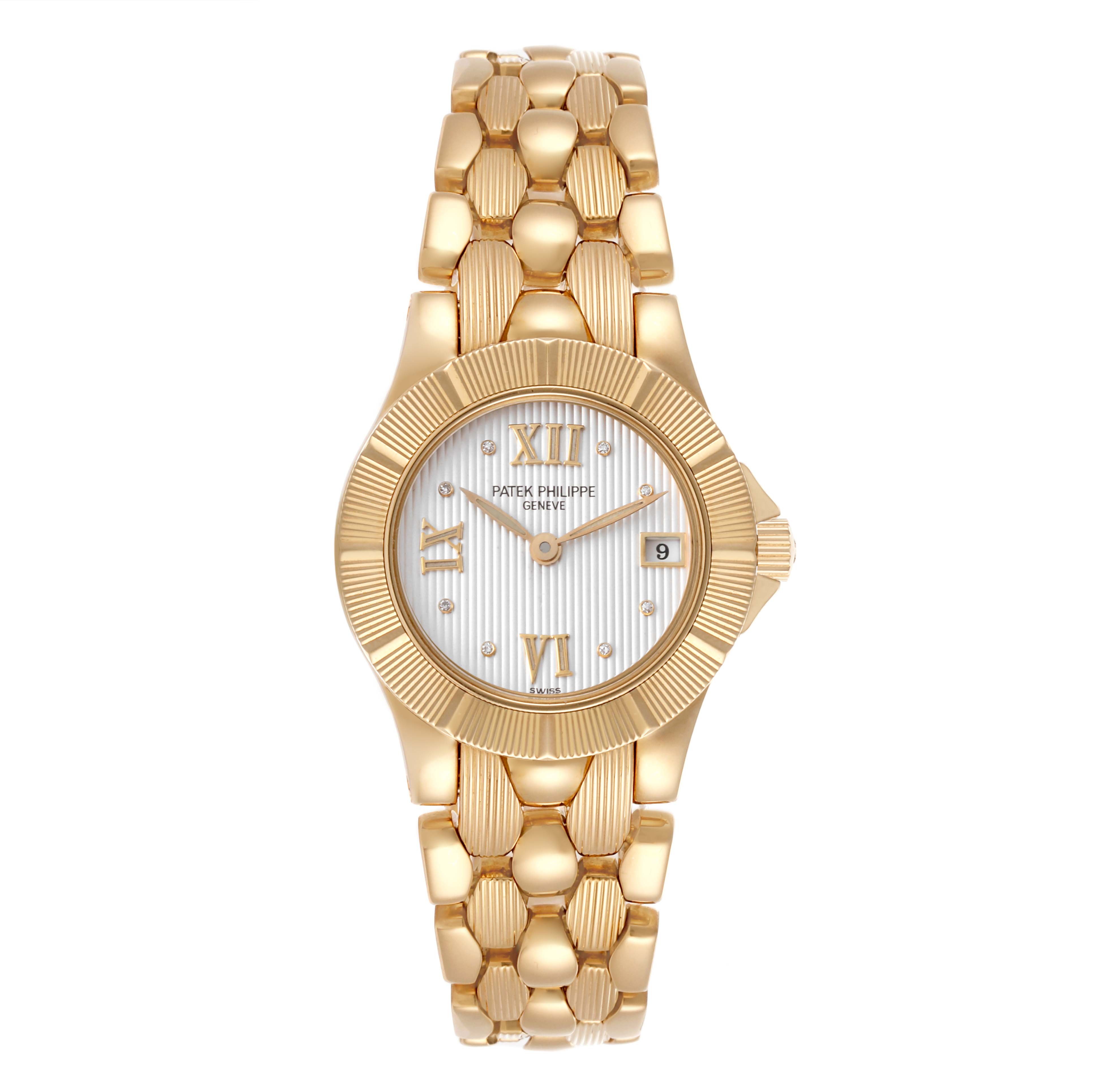 The Patek Philippe Neptune 4881/1J-001 Women's Yellow Gold Silver Dial 4881/1J-001 Women's Yellow Gold Silver Dial watch is shown from the front, displaying the face and full gold bracelet.