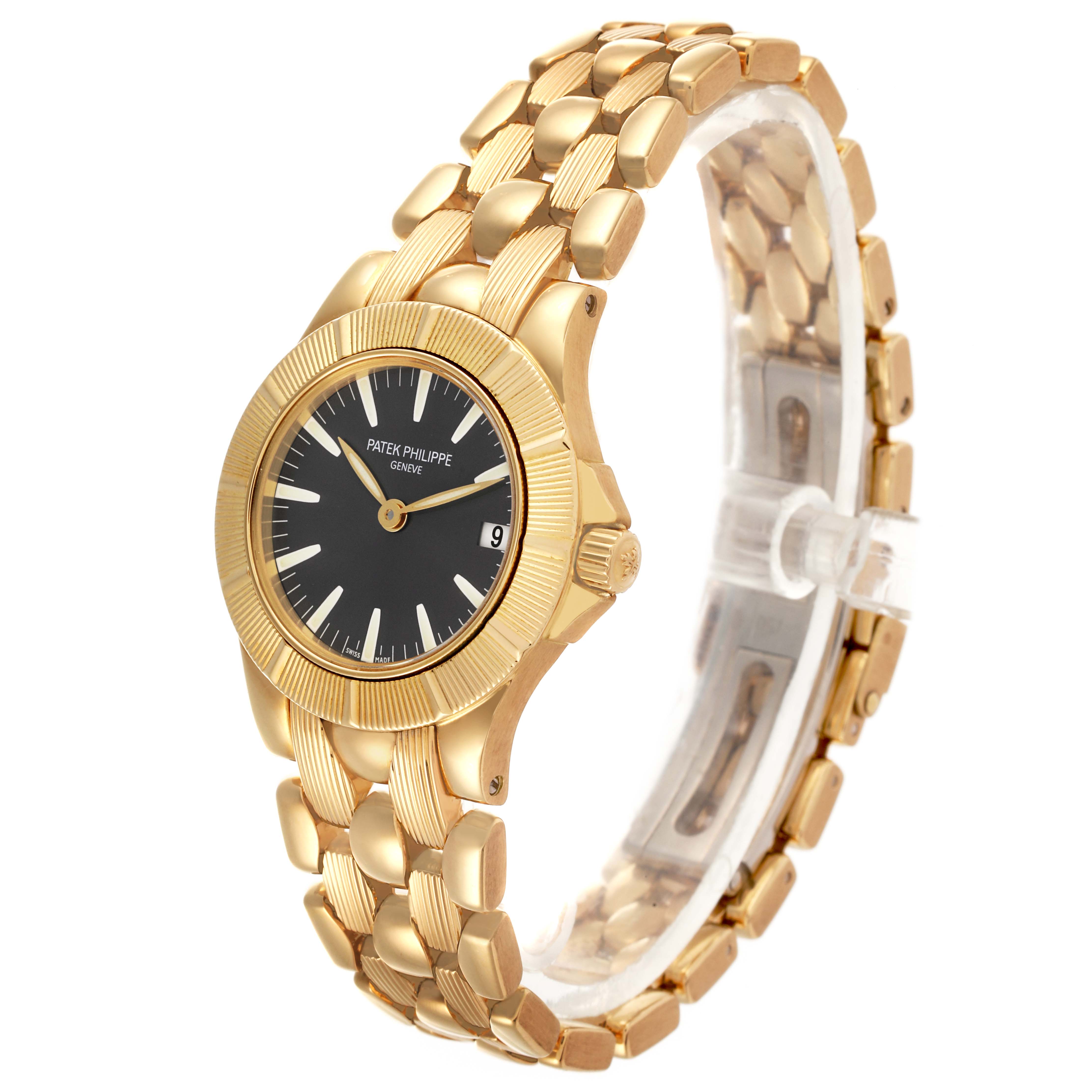 The Patek Philippe Neptune 4881/1J-012 Women's Yellow Gold Grey Dial 4881/1J-012 Women's Yellow Gold Grey Dial watch is shown at an angle highlighting the face, bezel, and bracelet.