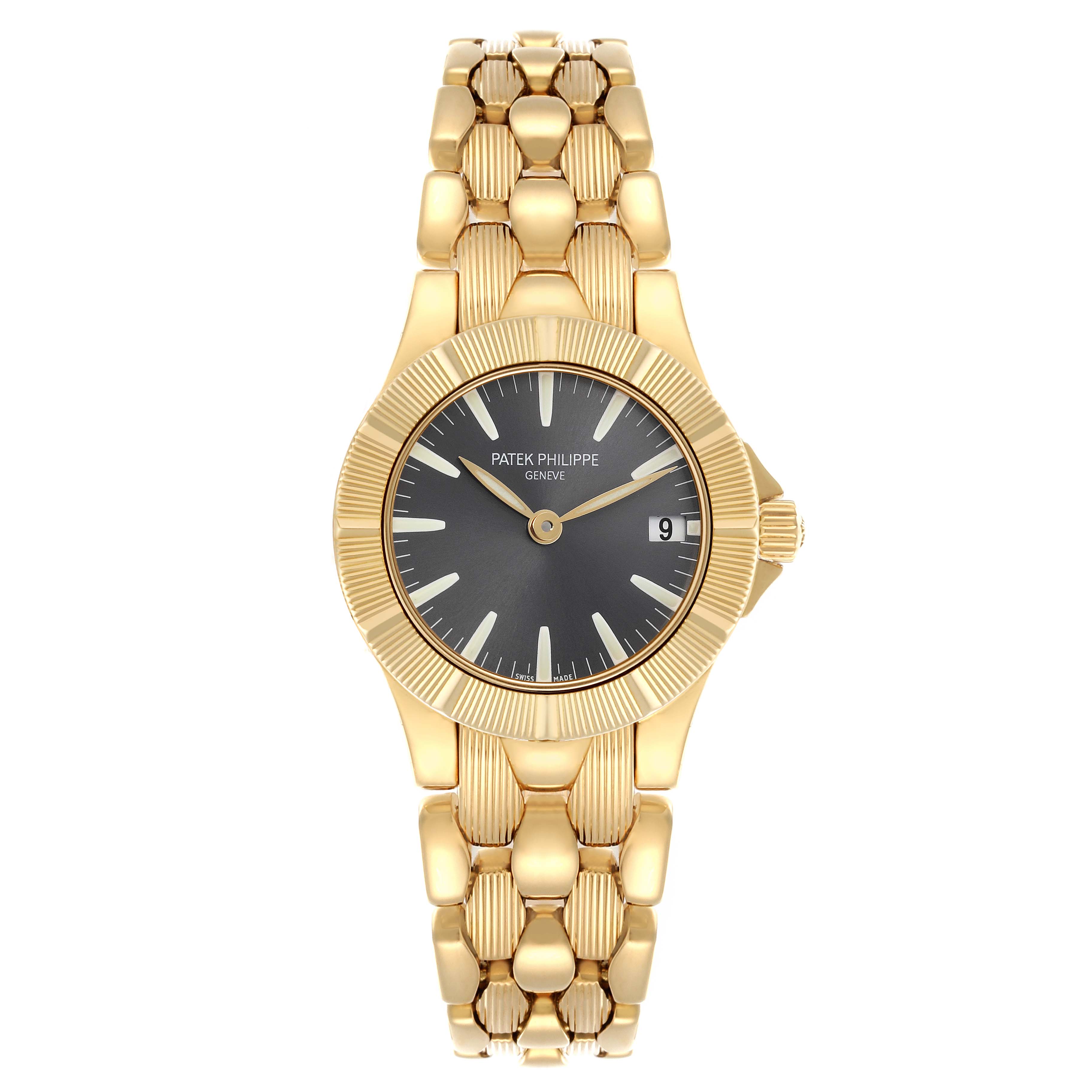 The Patek Philippe Neptune 4881/1J-012 Women's Yellow Gold Grey Dial 4881/1J-012 Women's Yellow Gold Grey Dial watch is shown from a front angle, displaying its full face and gold bracelet.