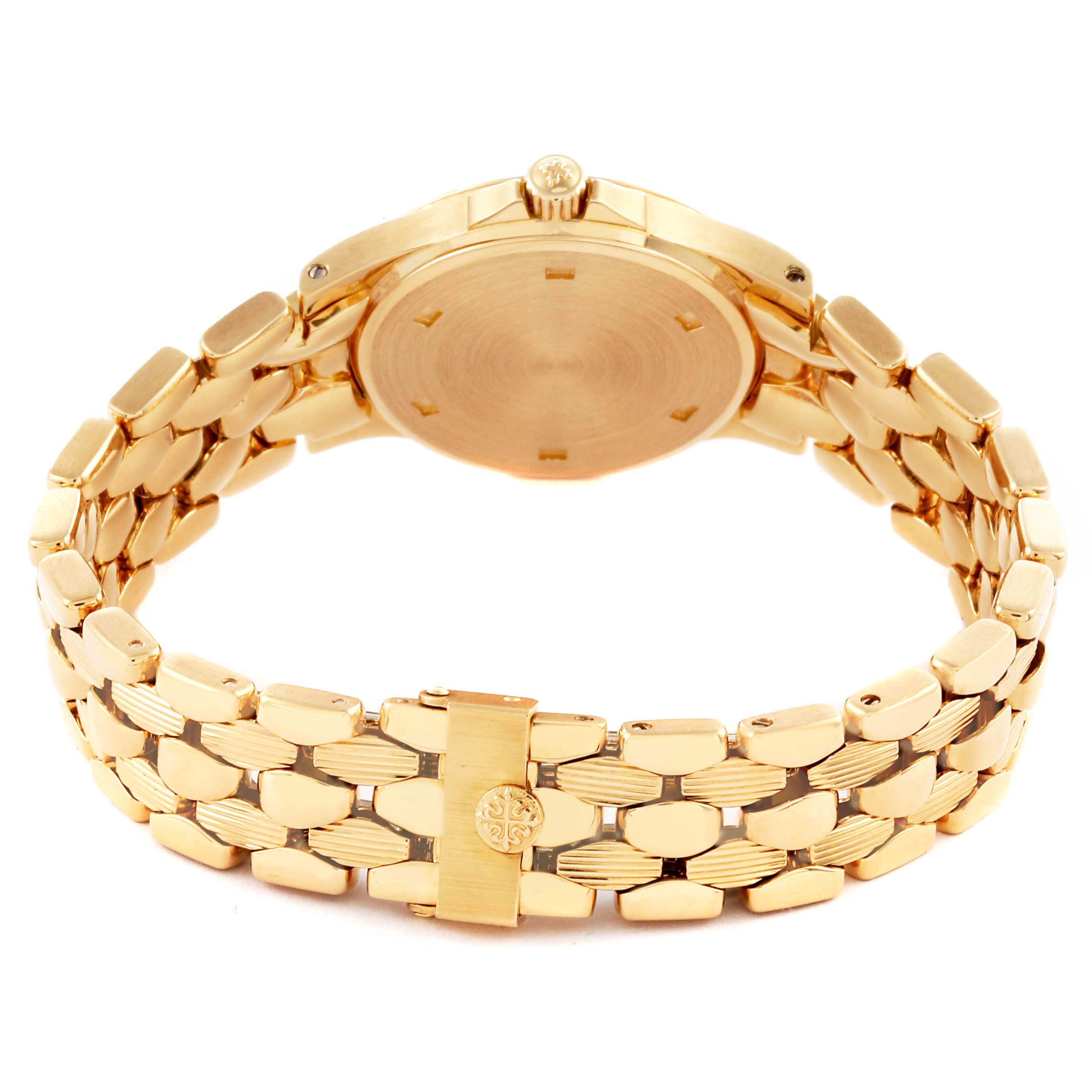 The image shows the back view of the Patek Philippe Neptune 4881/1J-012 Women's Yellow Gold Grey Dial 4881/1J-012 Women's Yellow Gold Grey Dial model, highlighting the bracelet and clasp.