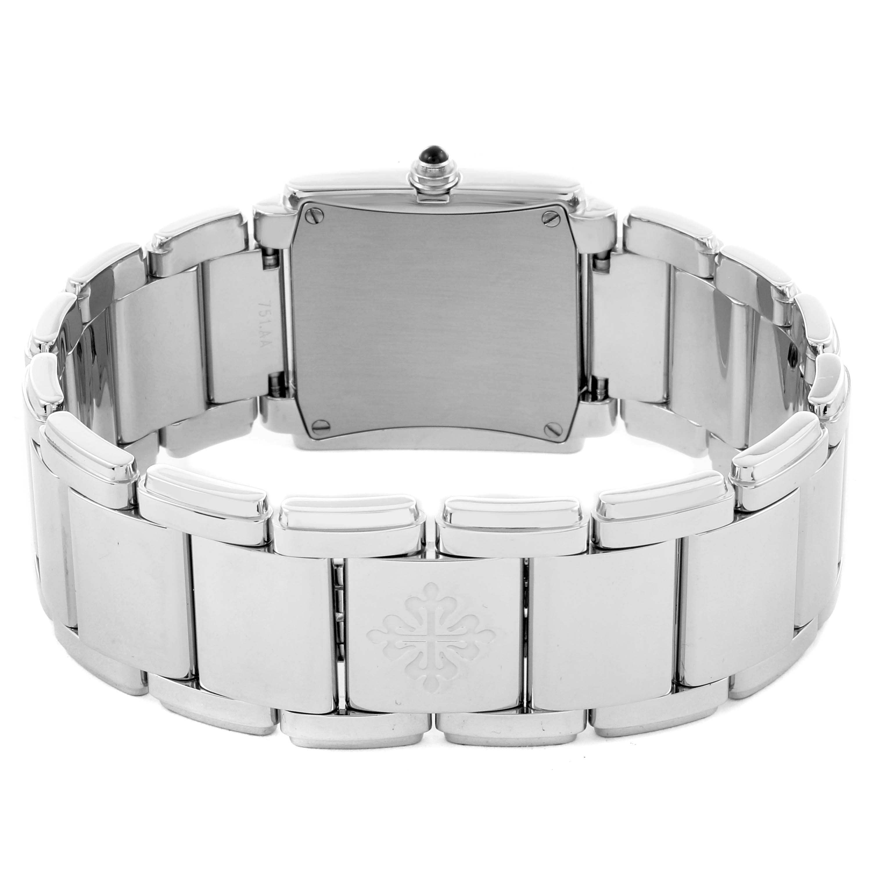 The image shows the back of the Patek Philippe Twenty-4 4910/10A-011 Women's Stainless Steel Silver Dial 4910/10A-011 Women's Stainless Steel Silver Dial watch, focusing on the bracelet and case back.