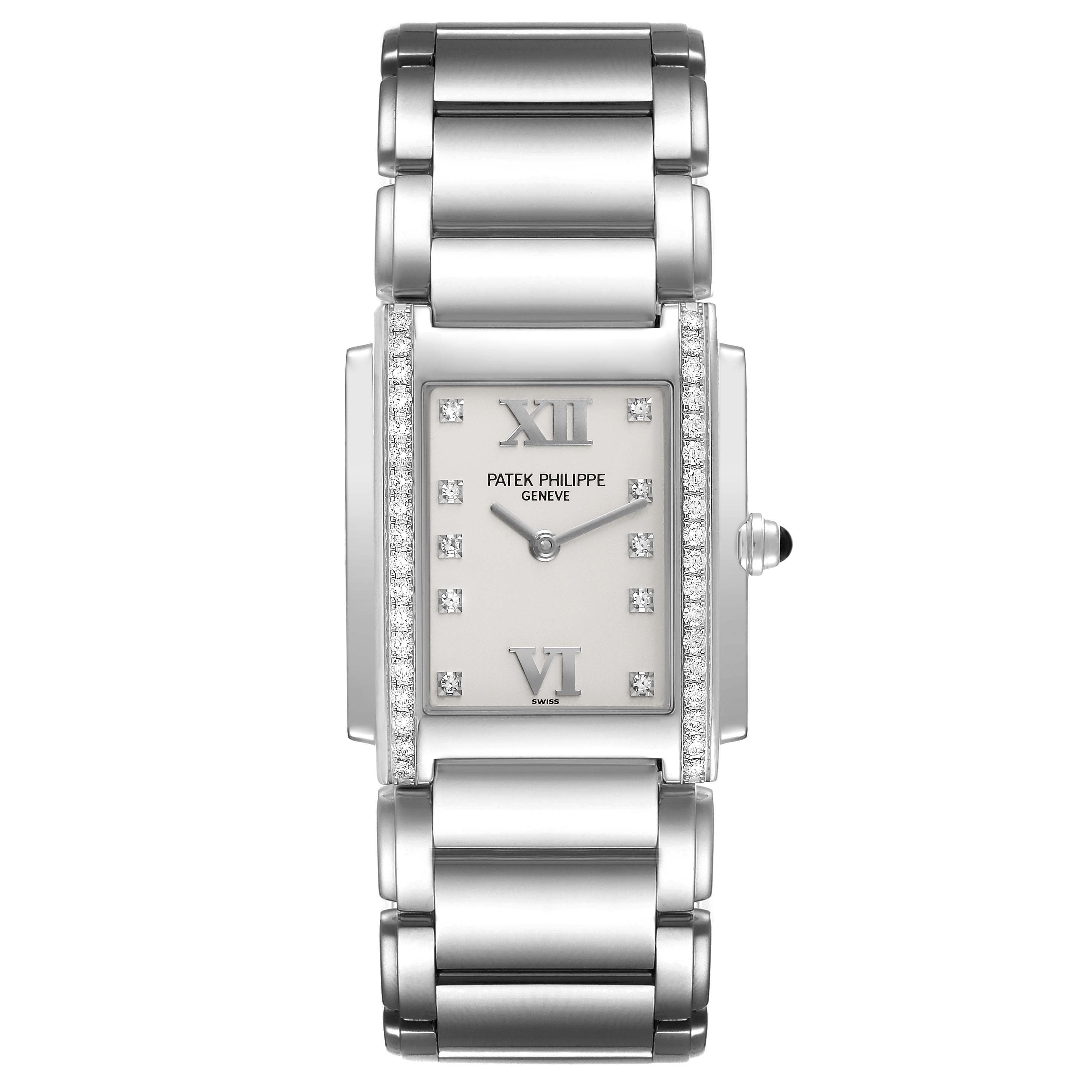 The image shows a front view of the Patek Philippe Twenty-4 4910/10A-011 Women's Stainless Steel Silver Dial 4910/10A-011 Women's Stainless Steel Silver Dial watch, featuring the face and bracelet.
