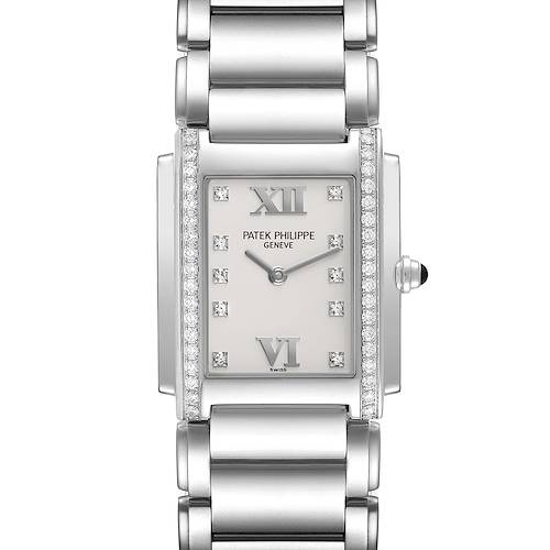 The Patek Philippe Twenty-4 watch is shown from the front, highlighting the rectangular face and metal bracelet.