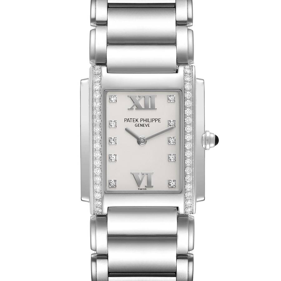 The Patek Philippe Twenty-4 watch is shown from a top, centered view, highlighting the face, bezel, and partial bracelet.