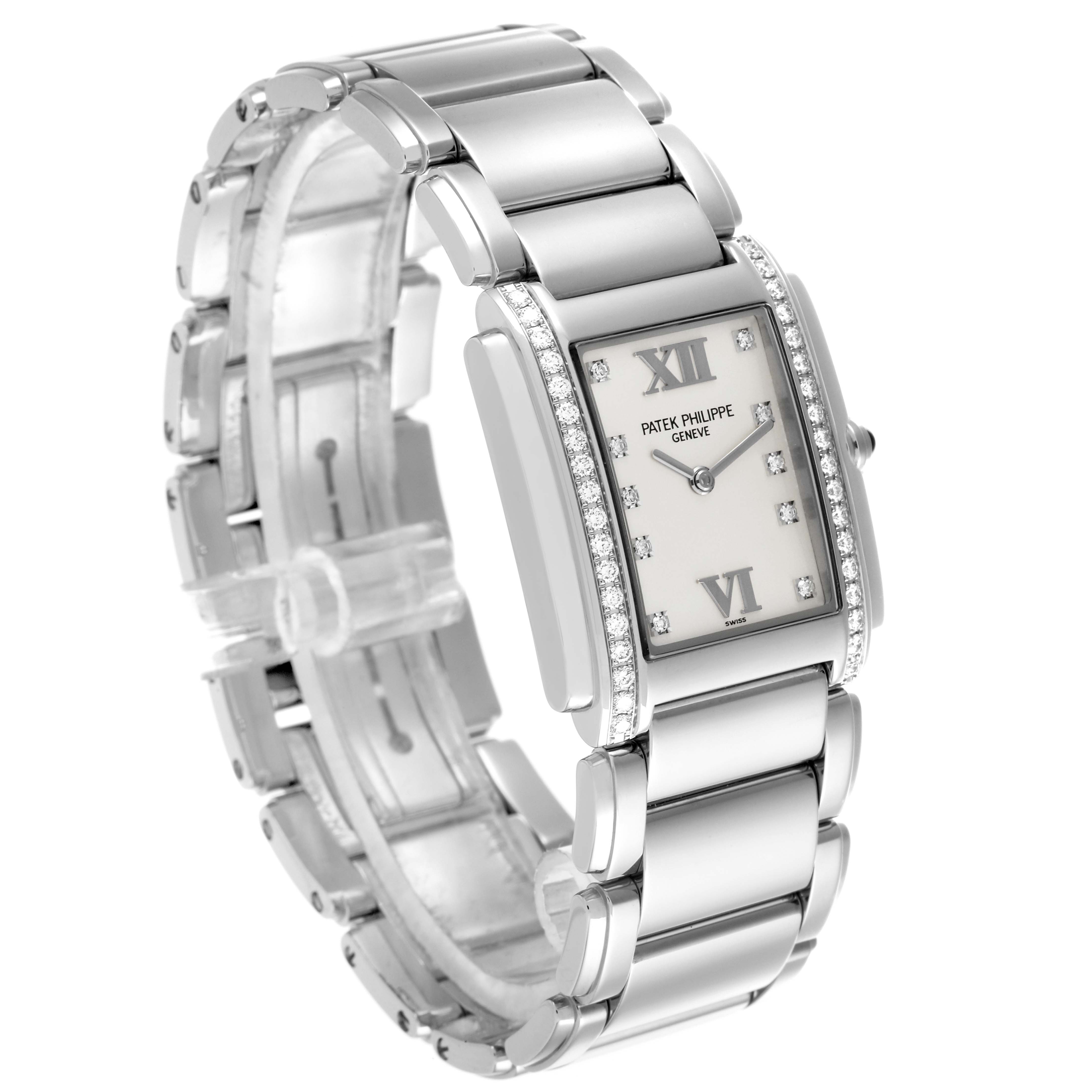 The Patek Philippe Twenty-4 4910/10A-011 Women's Stainless Steel Silver Dial 4910/10A-011 Women's Stainless Steel Silver Dial watch is shown at an angle highlighting the face, diamond accents, and stainless steel bracelet.