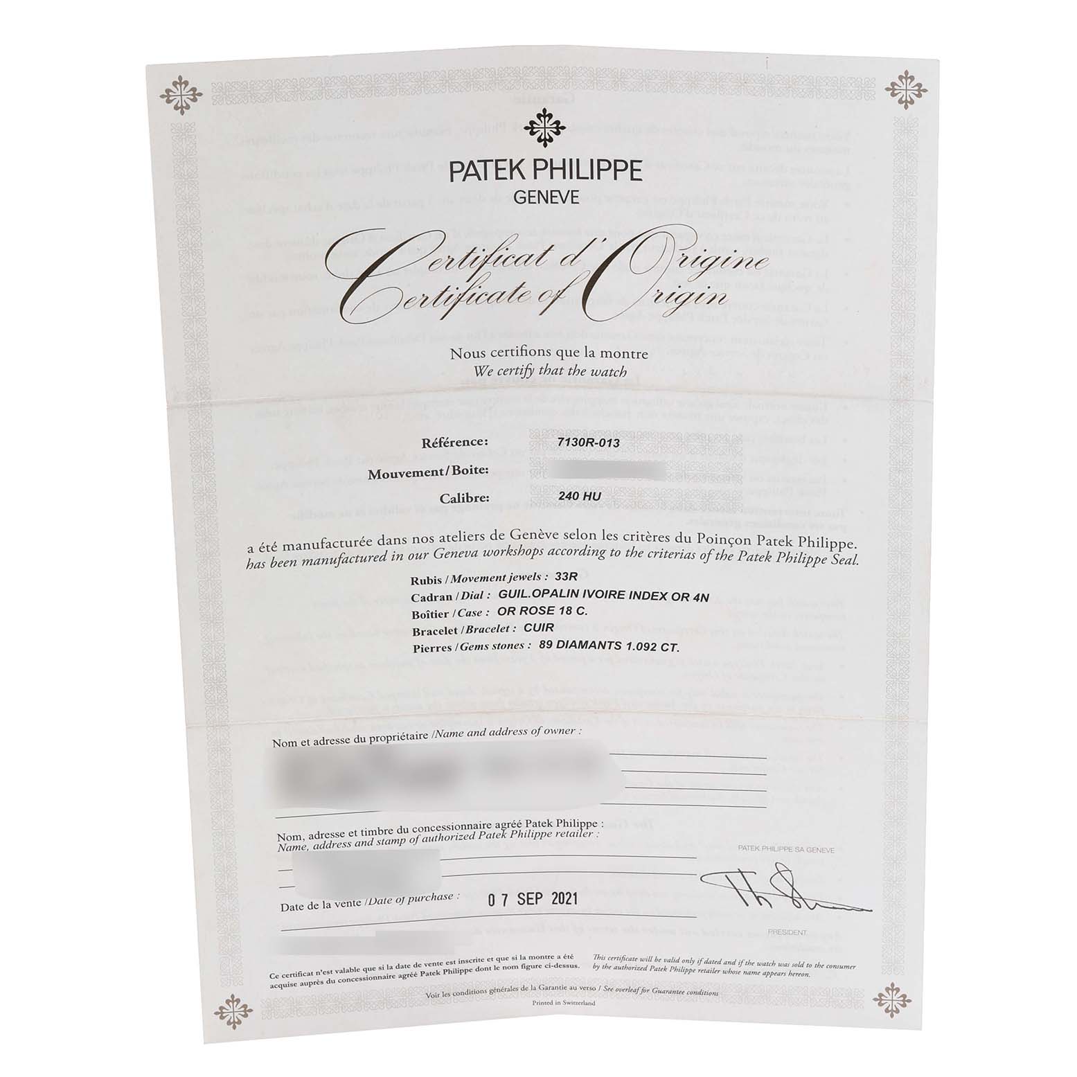 The image shows the Certificate of Origin for a Patek Philippe Complications 7130R-013 Men's Rose Gold Silver Dial 7130R-013 Men's Rose Gold Silver Dial model, detailing specifications and authentication.