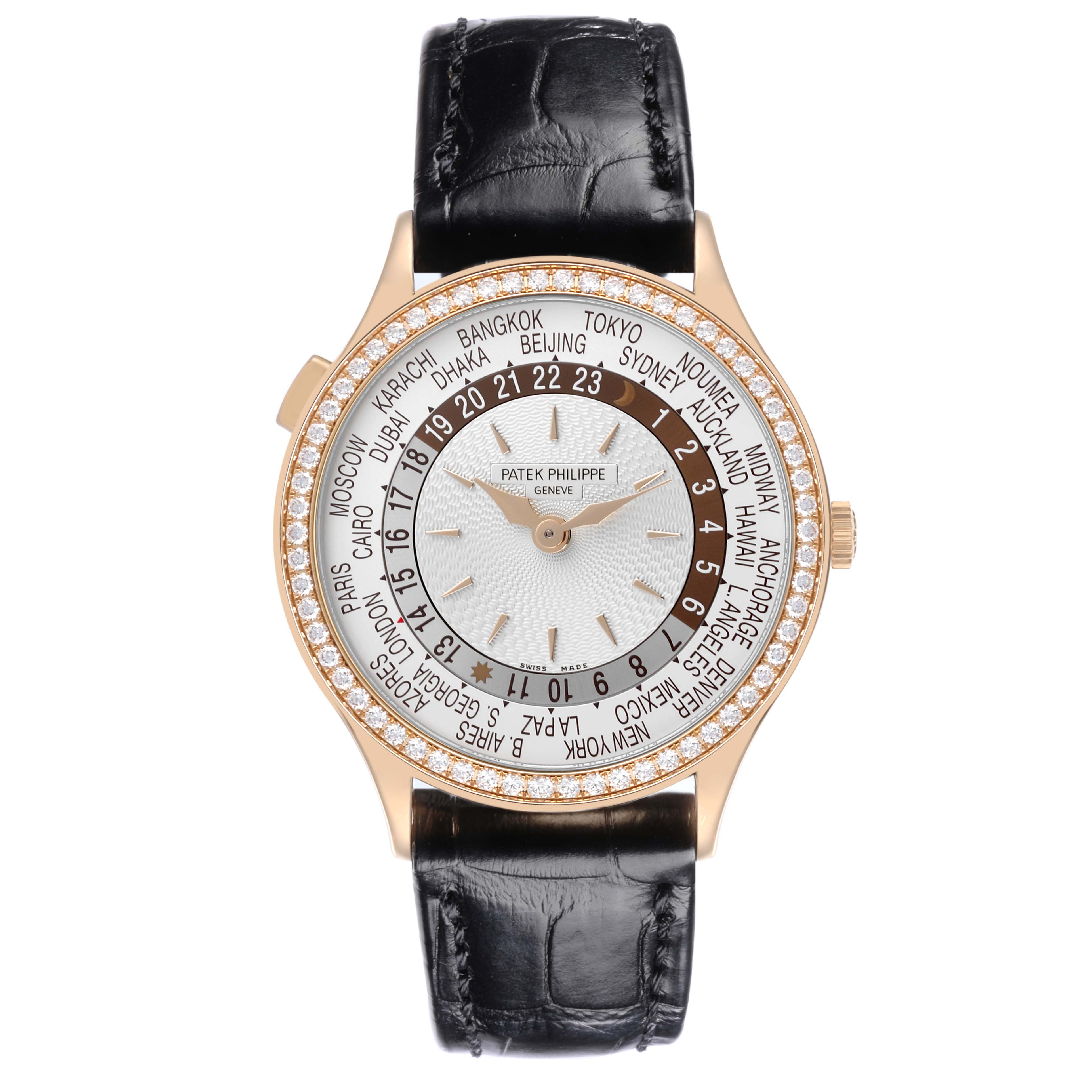 The Patek Philippe Complications 7130R-013 Men's Rose Gold Silver Dial 7130R-013 Men's Rose Gold Silver Dial watch is shown from a front view, displaying the face, bezel, and strap.