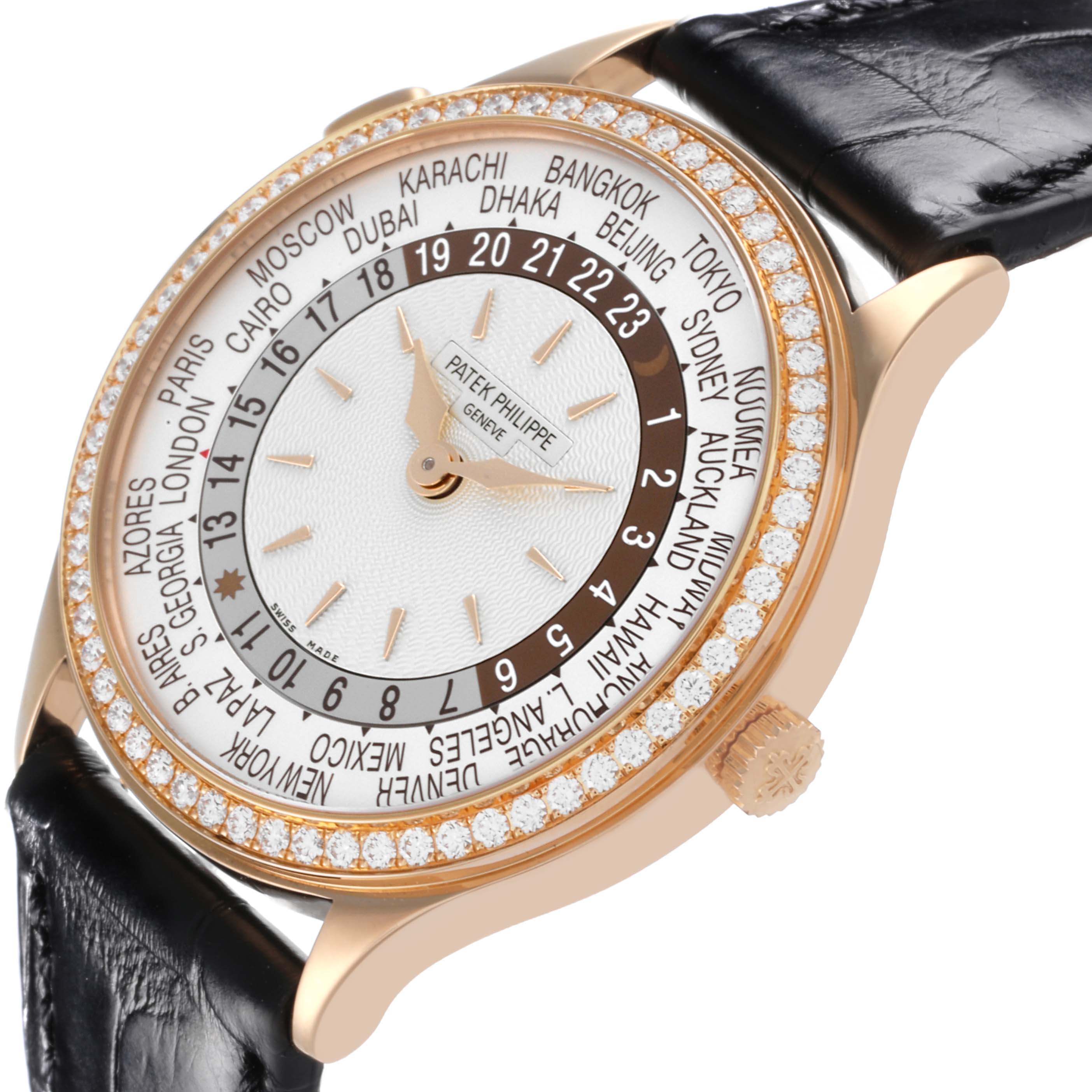 The Patek Philippe Complications 7130R-013 Men's Rose Gold Silver Dial 7130R-013 Men's Rose Gold Silver Dial watch is shown at an angle displaying the face, bezel, and part of the strap.