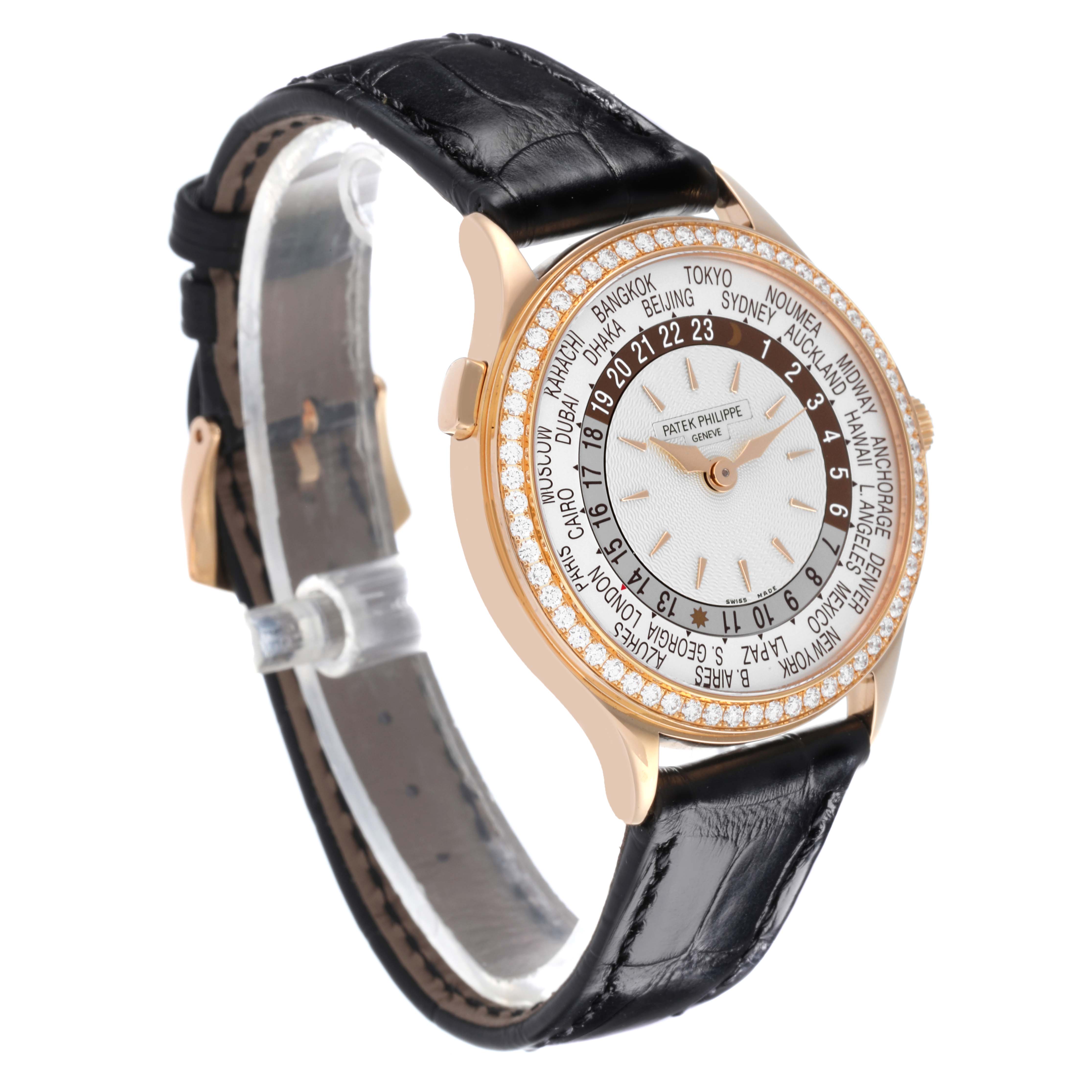 The Patek Philippe Complications 7130R-013 Men's Rose Gold Silver Dial 7130R-013 Men's Rose Gold Silver Dial watch is shown at a three-quarter angle, highlighting the face, bezel, and leather strap.