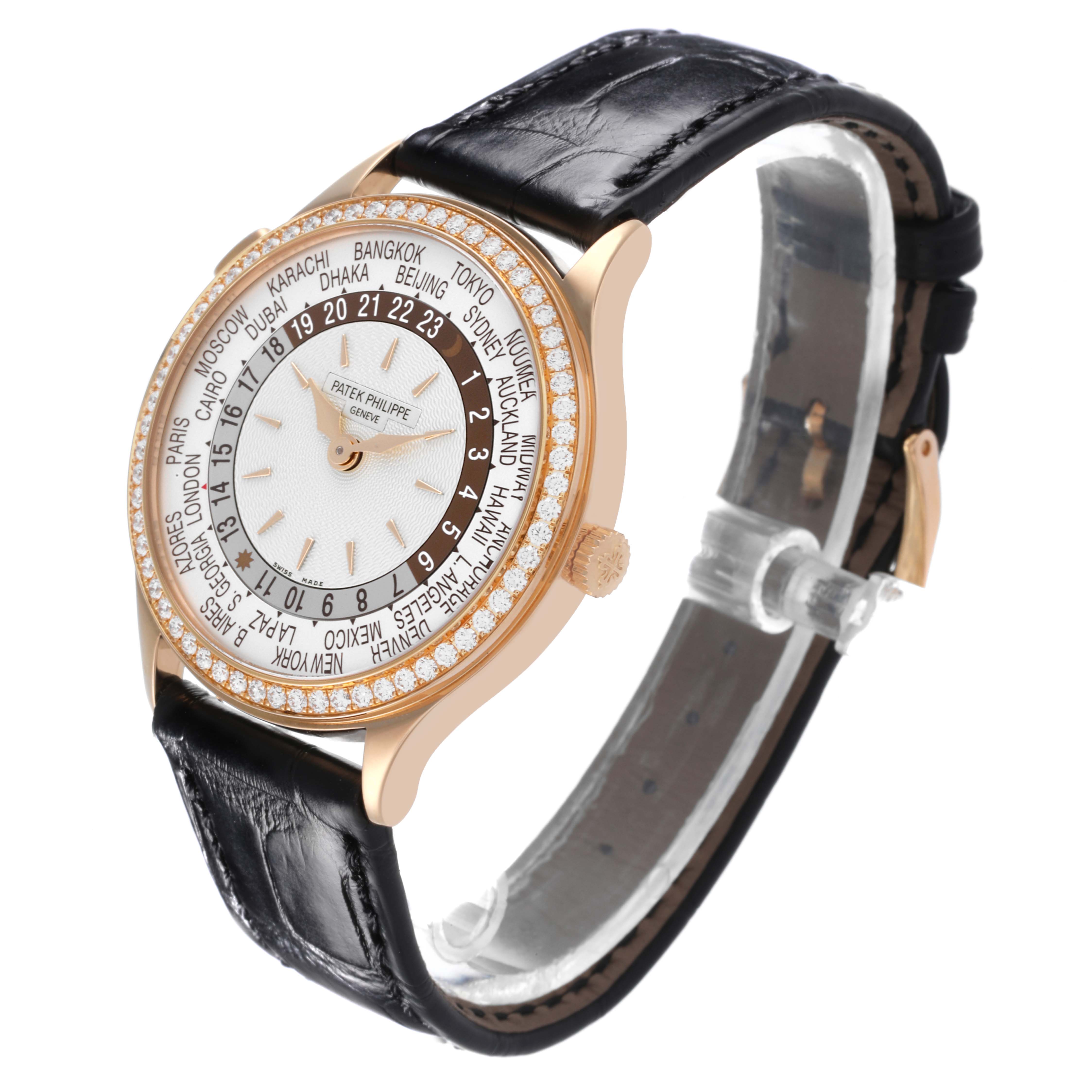 The Patek Philippe Complications 7130R-013 Men's Rose Gold Silver Dial 7130R-013 Men's Rose Gold Silver Dial watch is shown at an oblique angle, displaying the face, bezel, crown, and strap.