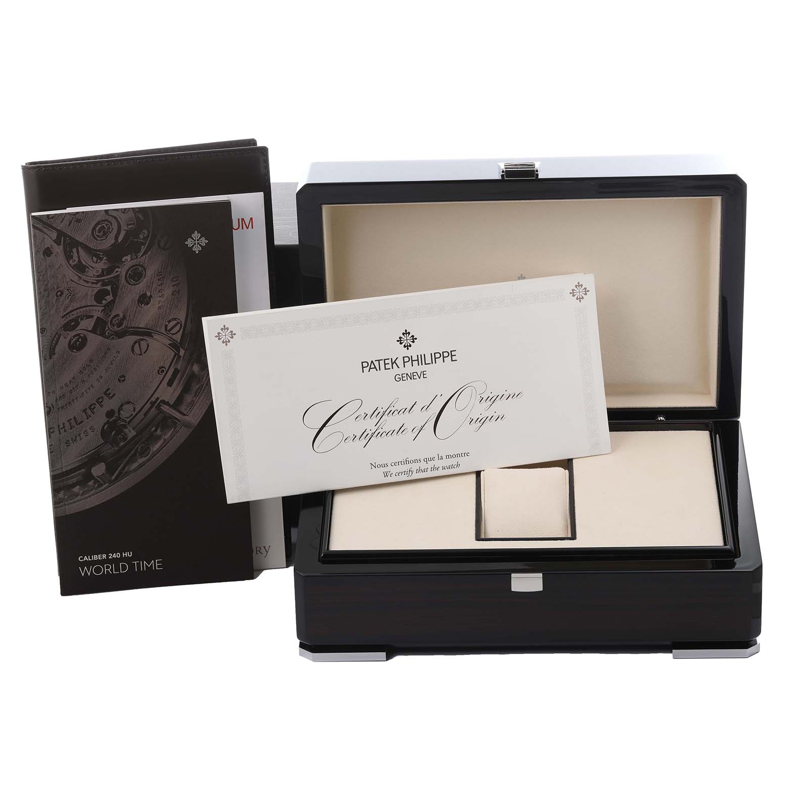 The image shows the Patek Philippe Complications 7130R-013 Men's Rose Gold Silver Dial 7130R-013 Men's Rose Gold Silver Dial watch box, certificate, and booklet from a front angle.