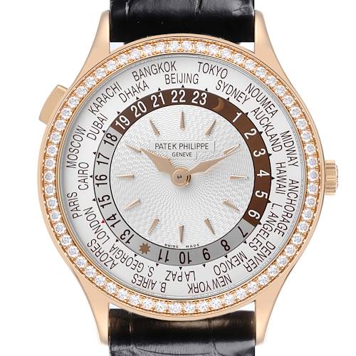 The Patek Philippe Complications watch is shown from the front, displaying its dial, bezel, and strap.