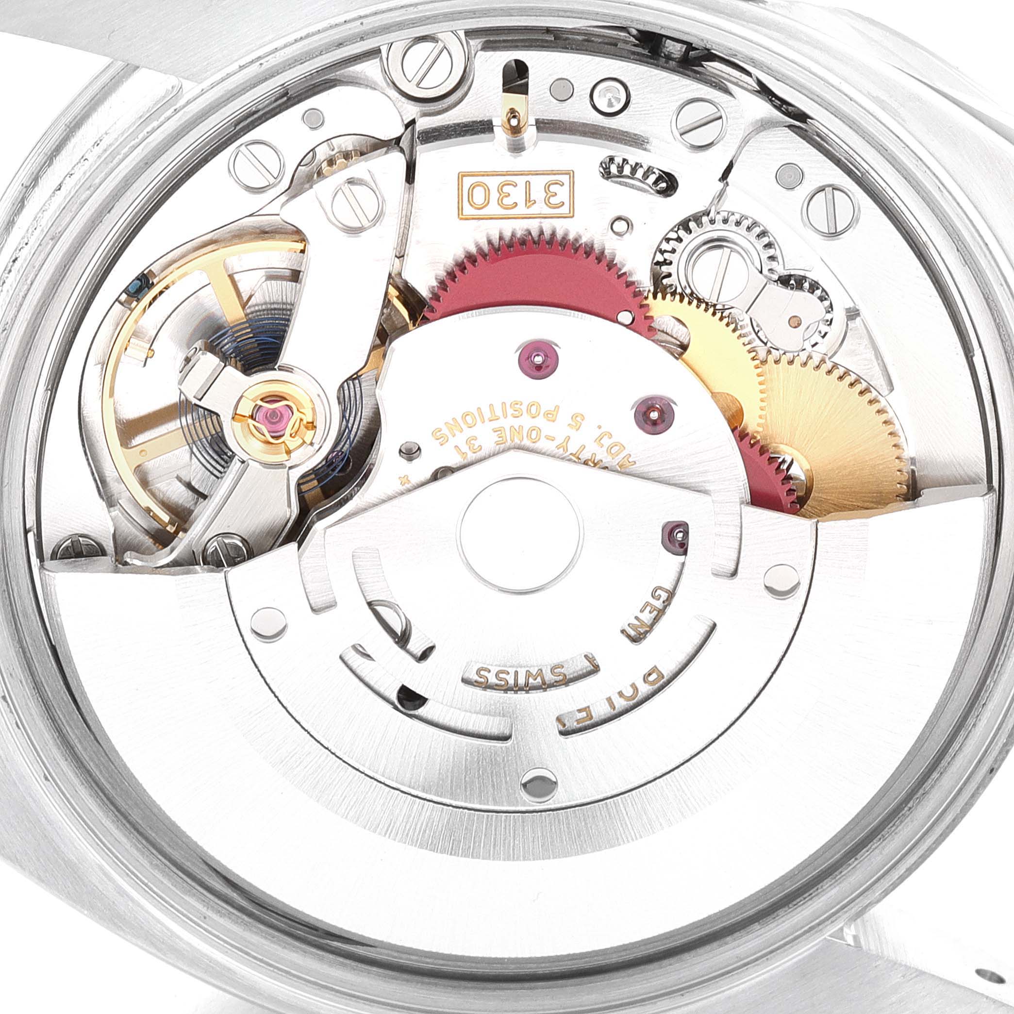 This is a close-up view of the movement and inner mechanisms of the Rolex Air-King 114200 Men's Stainless Steel Blue Dial 114200 Men's Stainless Steel Blue Dial watch.