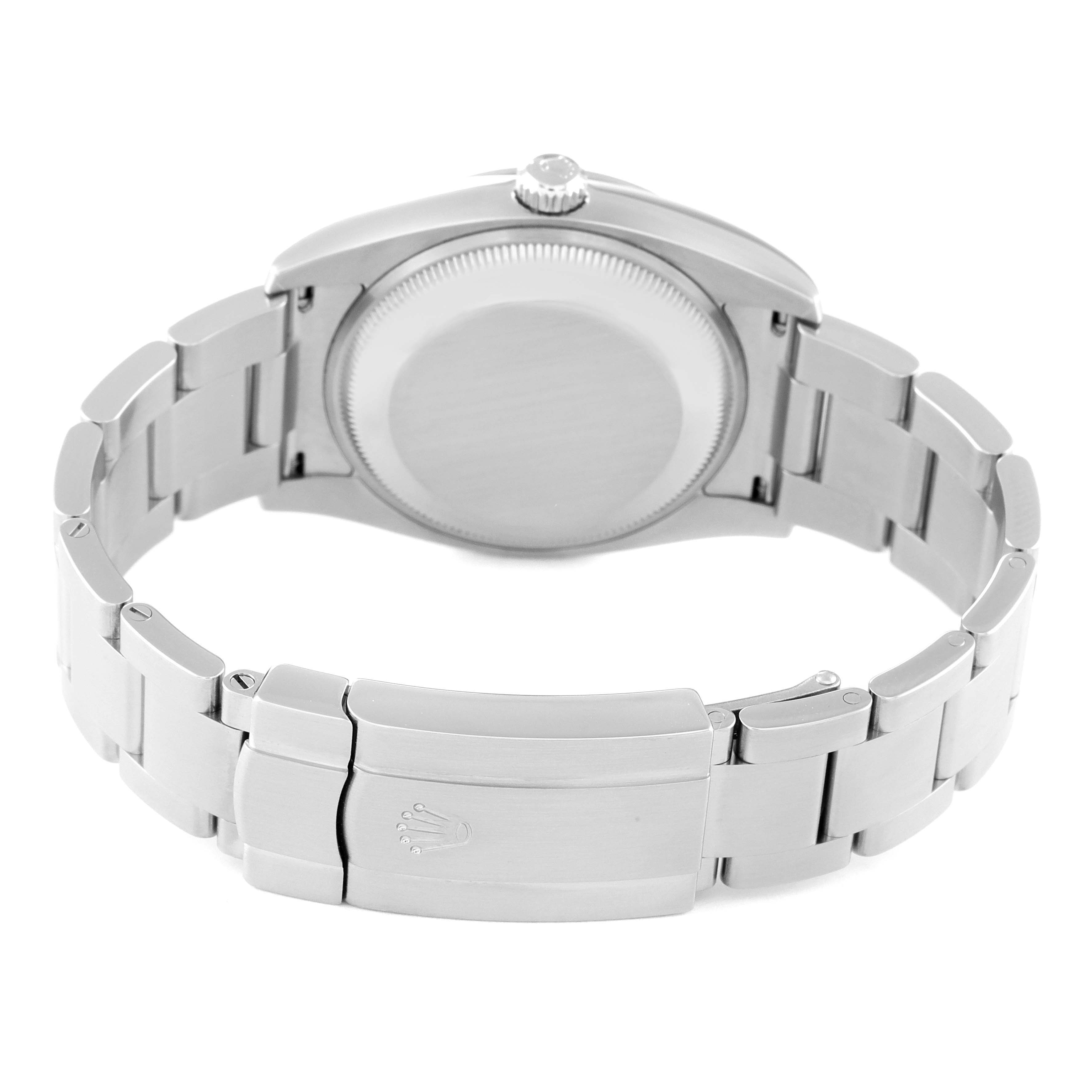 This image shows the case back and bracelet clasp of a Rolex Air-King 114200 Men's Stainless Steel Blue Dial 114200 Men's Stainless Steel Blue Dial watch from a rear angle.