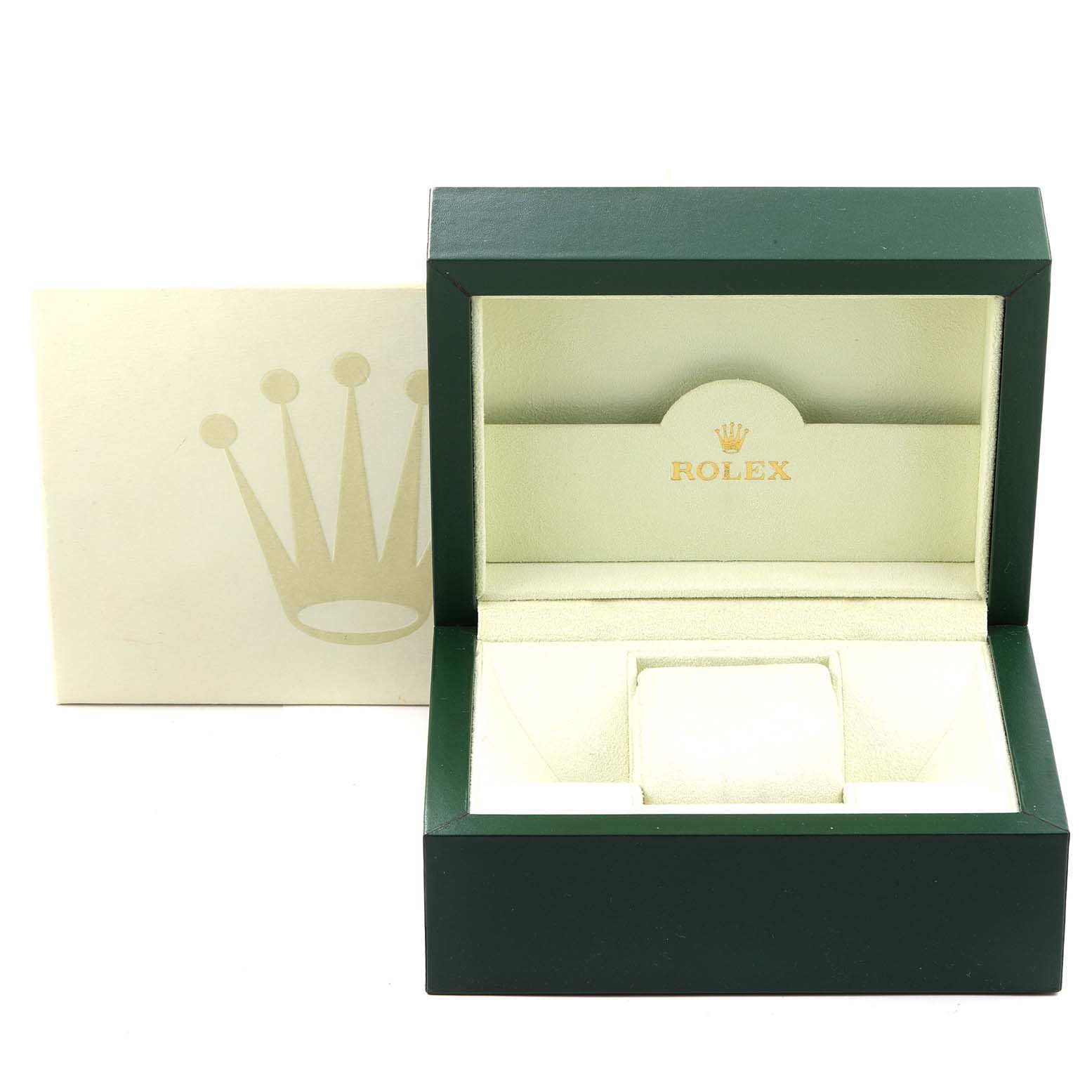 The image shows an opened Rolex Air-King 114200 Men's Stainless Steel Blue Dial 114200 Men's Stainless Steel Blue Dial watch box viewed from the front, displaying the interior and cushion for the watch.