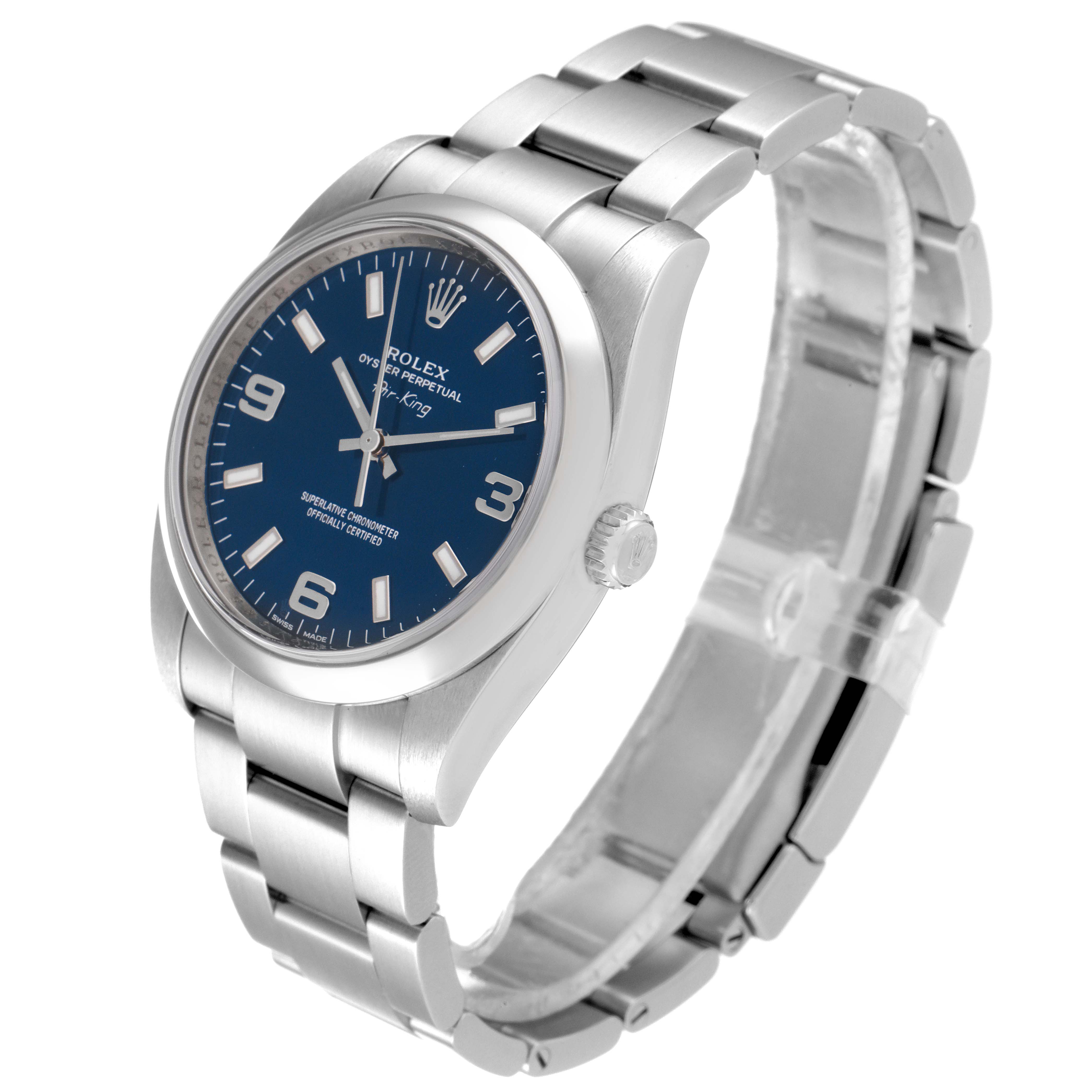 The Rolex Air-King 114200 Men's Stainless Steel Blue Dial 114200 Men's Stainless Steel Blue Dial watch is shown at a three-quarter angle, highlighting the dial, crown, and metal bracelet.