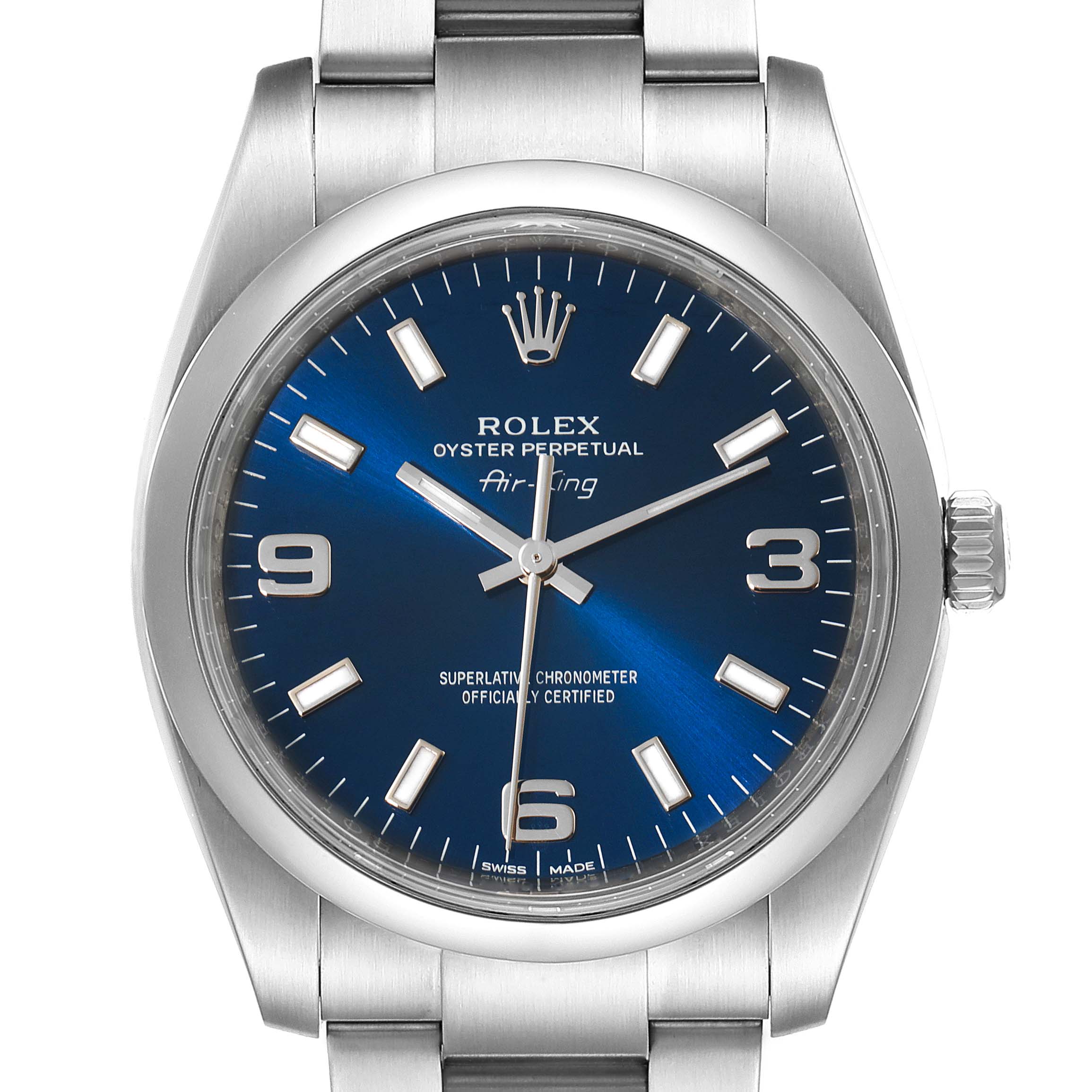 The image shows a front view of the Rolex Air-King 114200 Men's Stainless Steel Blue Dial 114200 Men's Stainless Steel Blue Dial watch, highlighting its dial, hands, crown, and part of the bracelet.