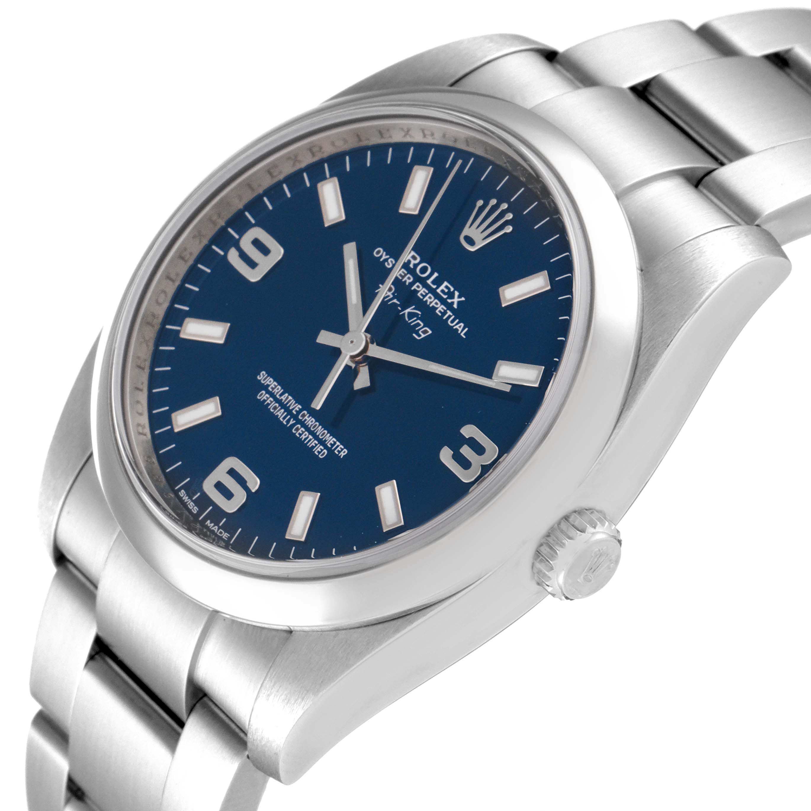 The Rolex Air-King 114200 Men's Stainless Steel Blue Dial 114200 Men's Stainless Steel Blue Dial watch is shown at an angle displaying the face, bezel, crown, and part of the bracelet.