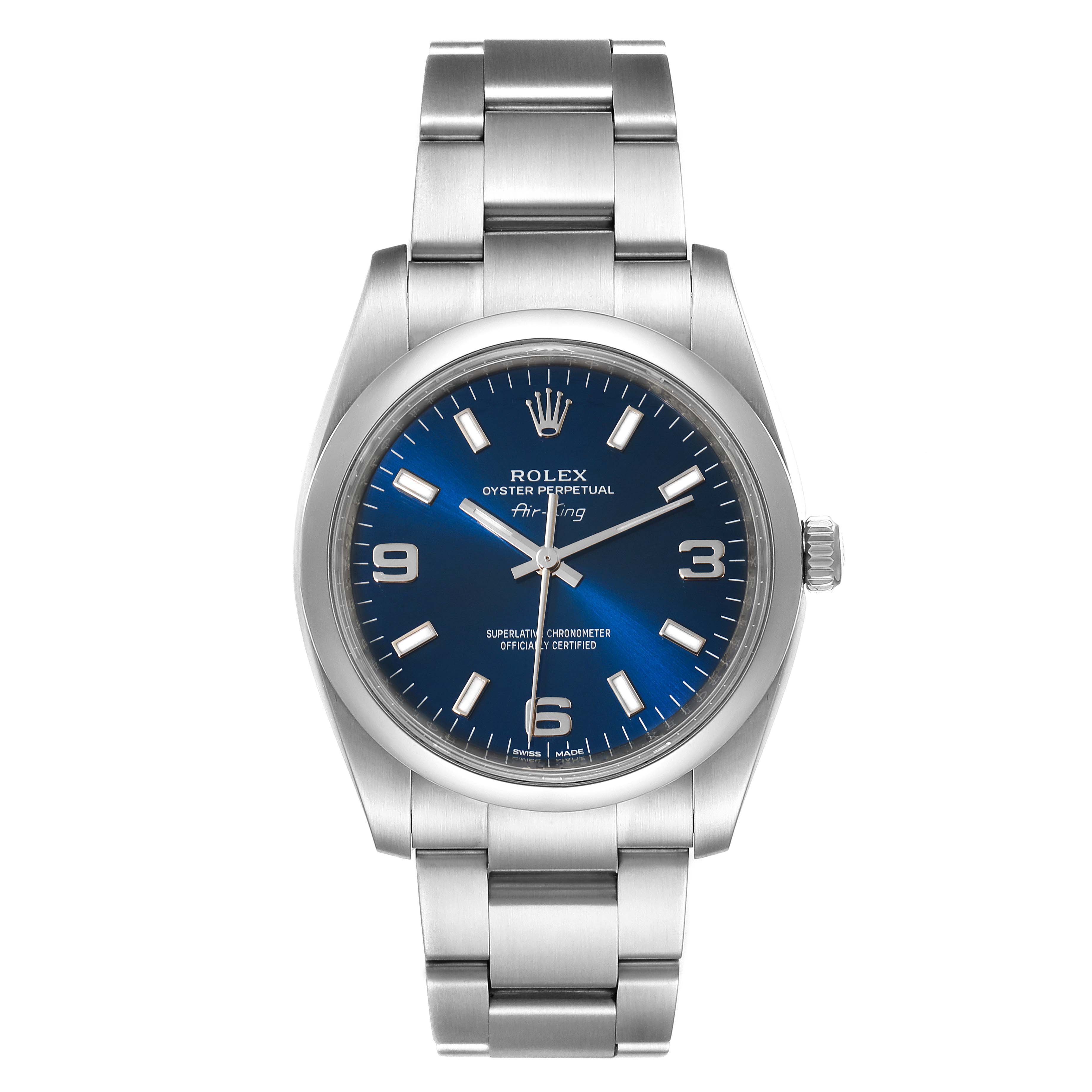 The image shows a front view of a Rolex Air-King 114200 Men's Stainless Steel Blue Dial 114200 Men's Stainless Steel Blue Dial watch, displaying its stainless steel bracelet, dial, and crown.