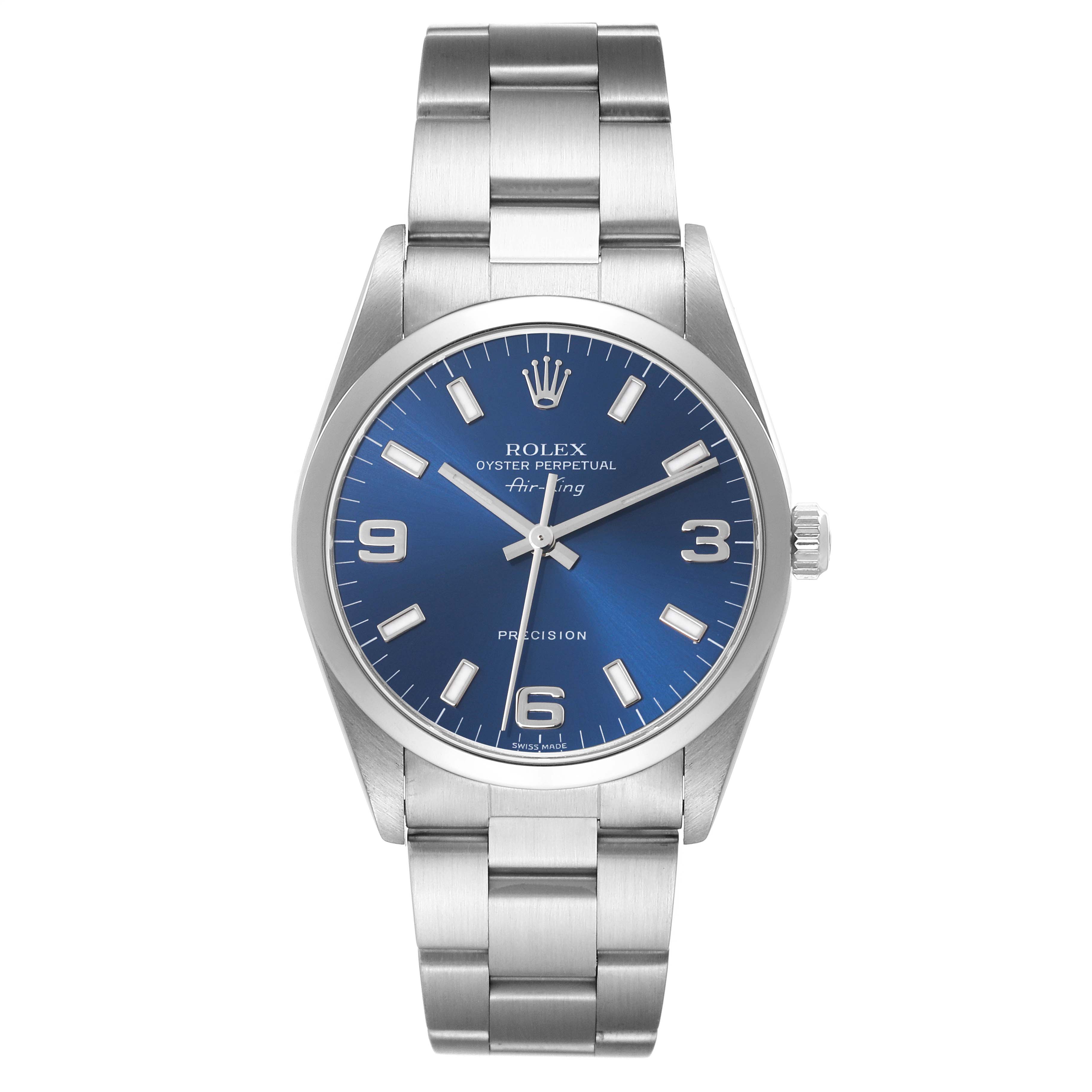 The Rolex Air-King 14000 Men's Stainless Steel Blue Dial 14000 Men's Stainless Steel Blue Dial watch is shown from the front, displaying its blue dial and silver bracelet.