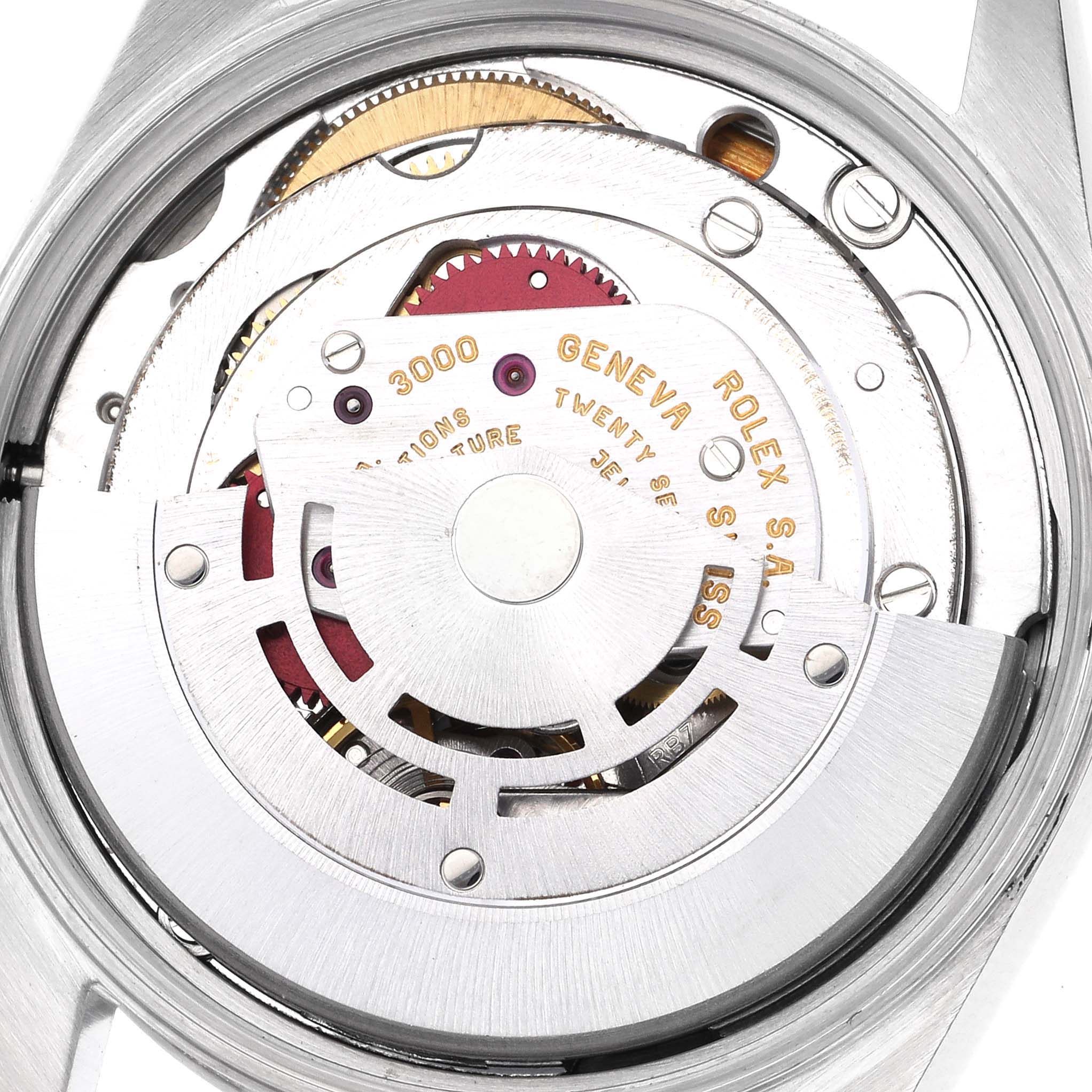 The image shows the movement of a Rolex Air-King 14000 Men's Stainless Steel Blue Dial 14000 Men's Stainless Steel Blue Dial watch from a top-down angle.