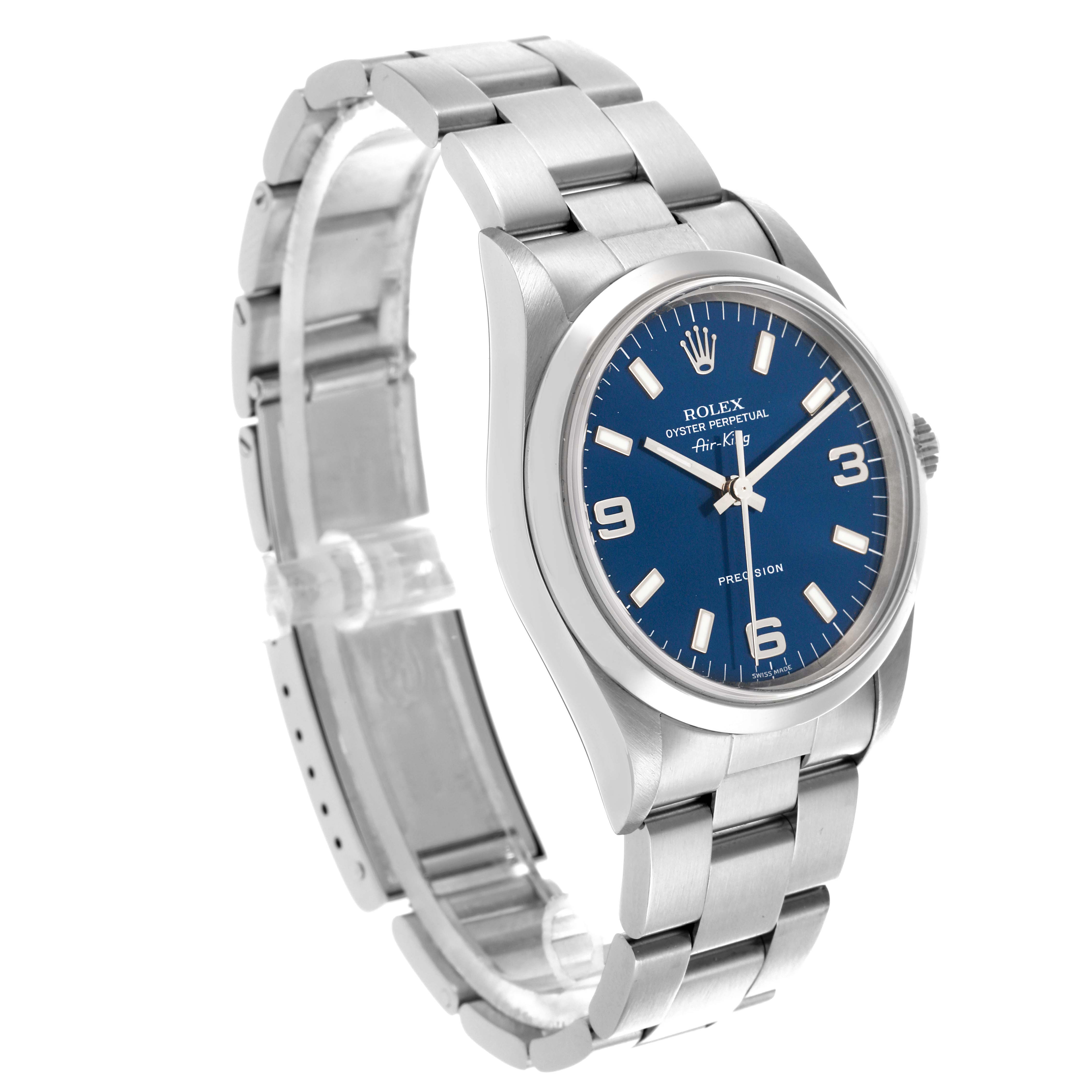The Rolex Air-King 14000 Men's Stainless Steel Blue Dial 14000 Men's Stainless Steel Blue Dial watch is shown at a slight angle, displaying the full face, bezel, and bracelet.