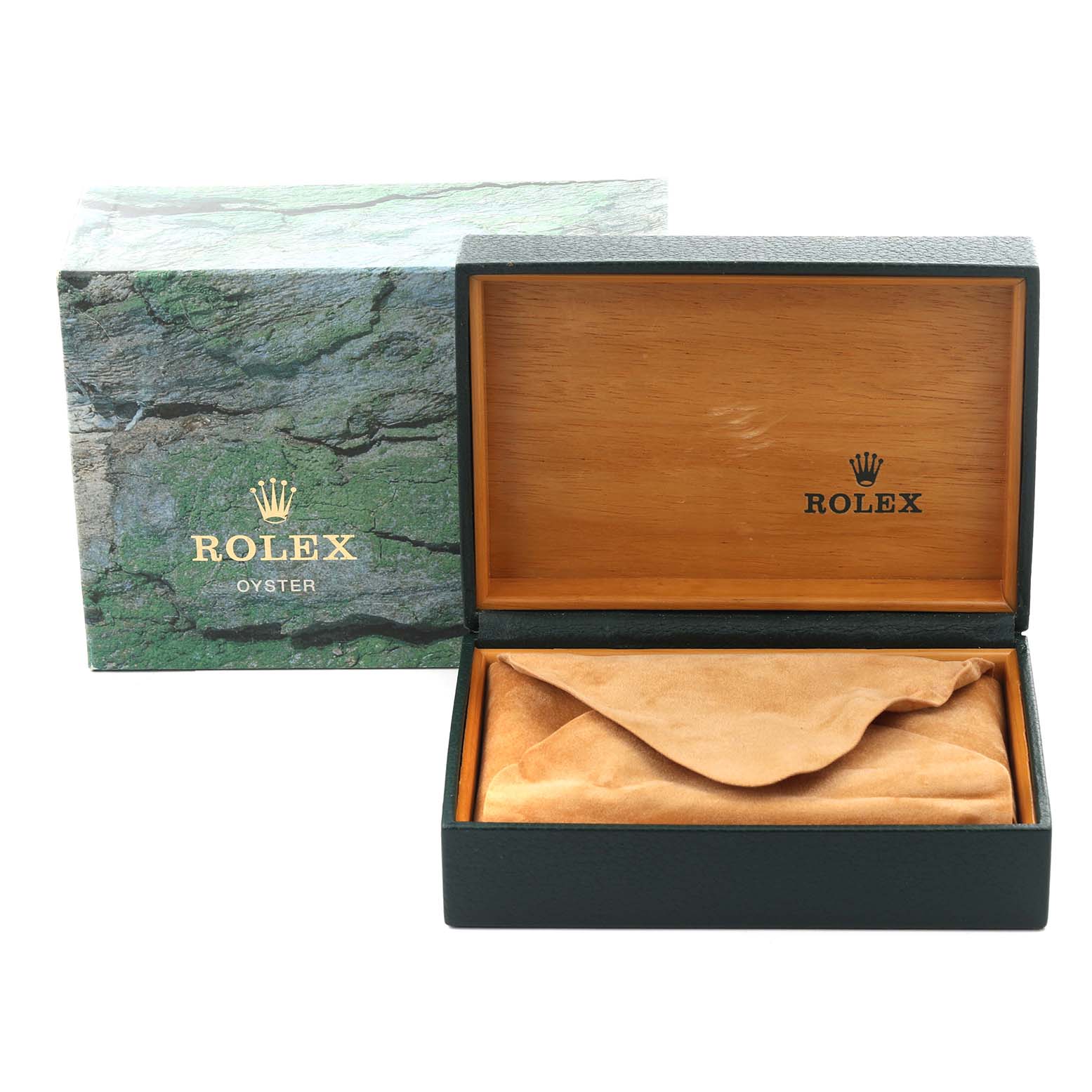 The image shows the packaging of a Rolex Air-King 14000 Men's Stainless Steel Blue Dial 14000 Men's Stainless Steel Blue Dial, including an open wooden box with a pouch and an outer box.