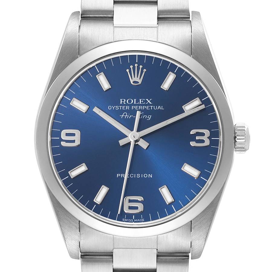 The image shows a front view of the Rolex Air-King watch, highlighting the dial, bezel, and bracelet.