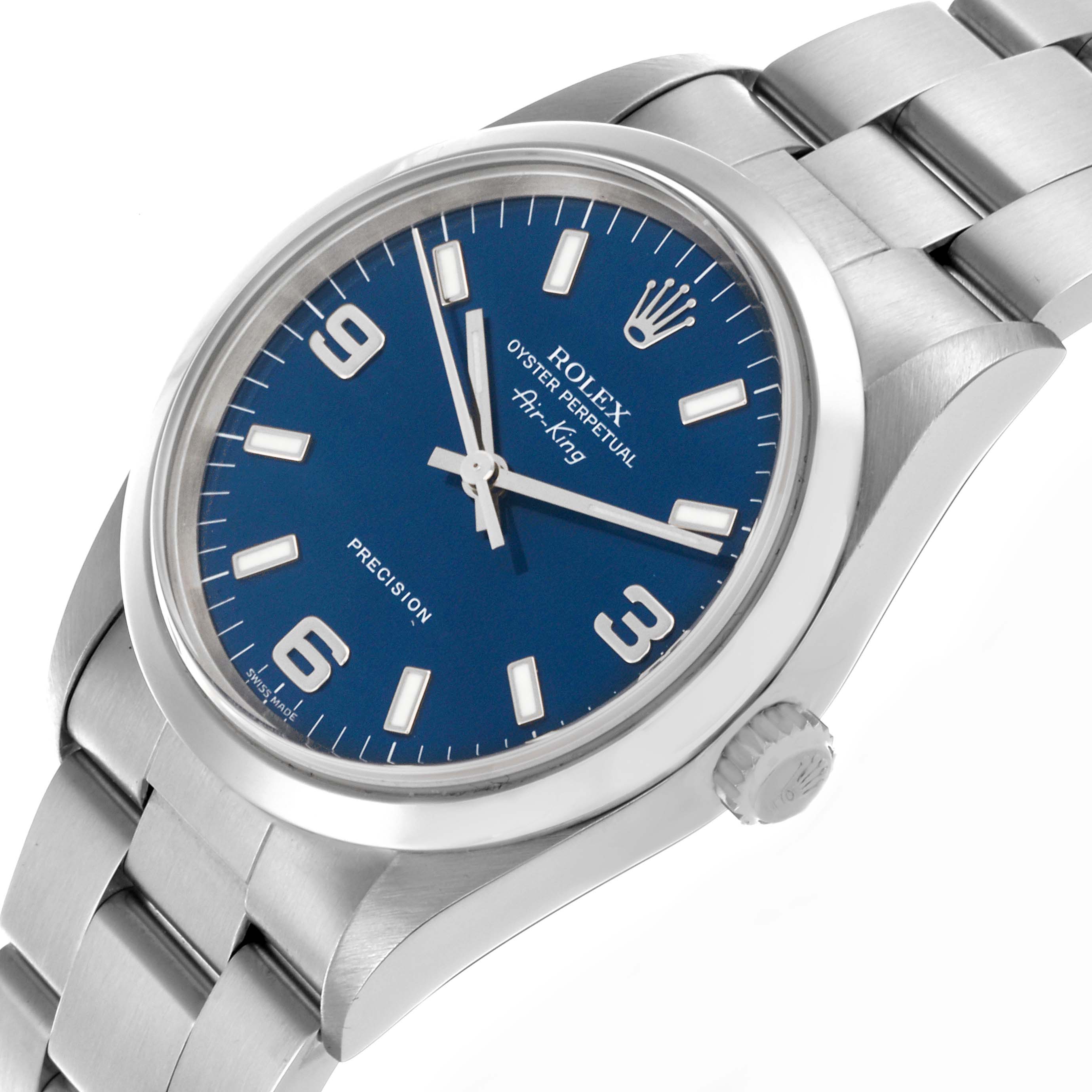 The Rolex Air-King 14000 Men's Stainless Steel Blue Dial 14000 Men's Stainless Steel Blue Dial watch is shown at a slight angle, displaying the face, bezel, crown, and part of the bracelet.