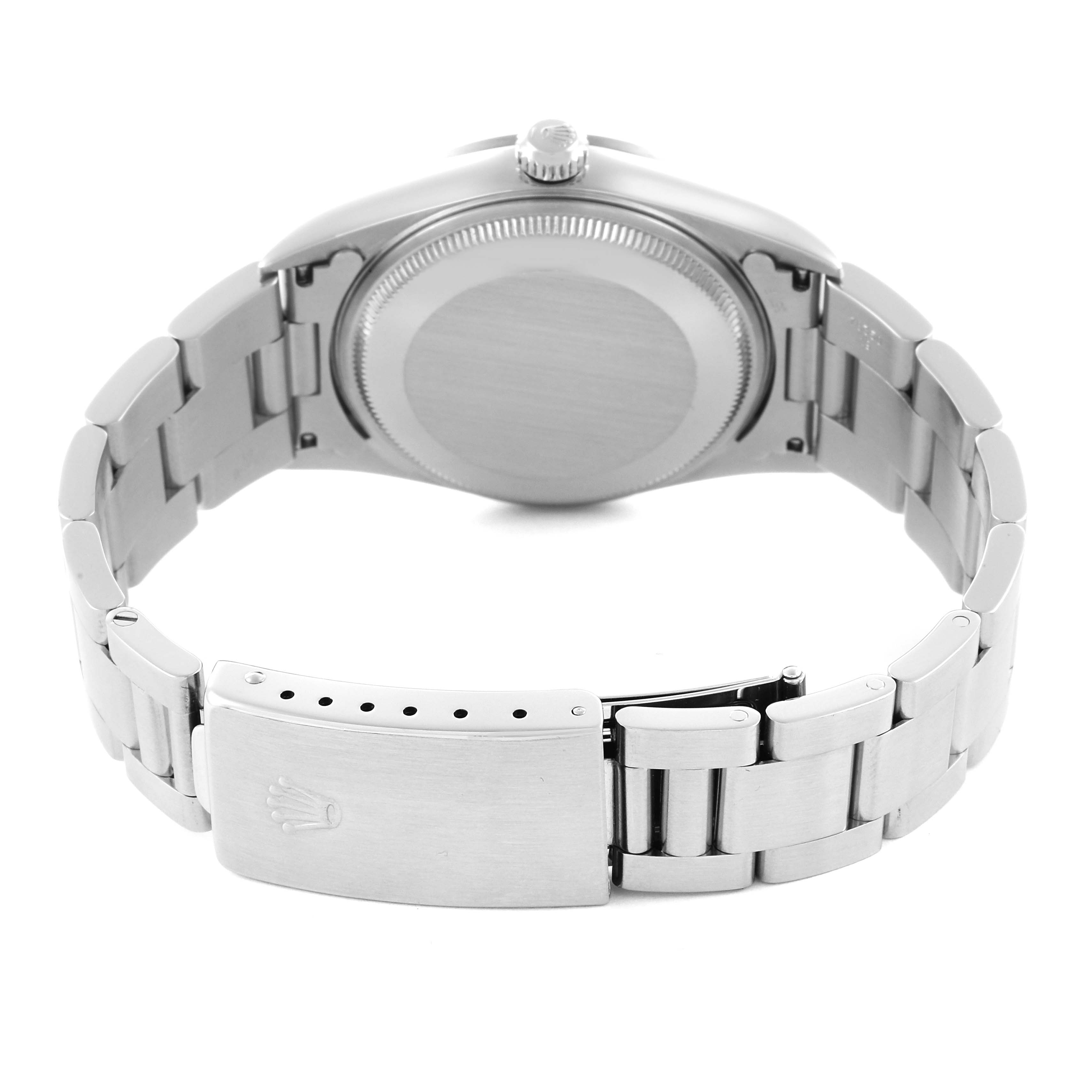 The image shows the back view of a Rolex Air-King 14000 Men's Stainless Steel Blue Dial 14000 Men's Stainless Steel Blue Dial watch, highlighting its case back and closed stainless steel bracelet clasp.