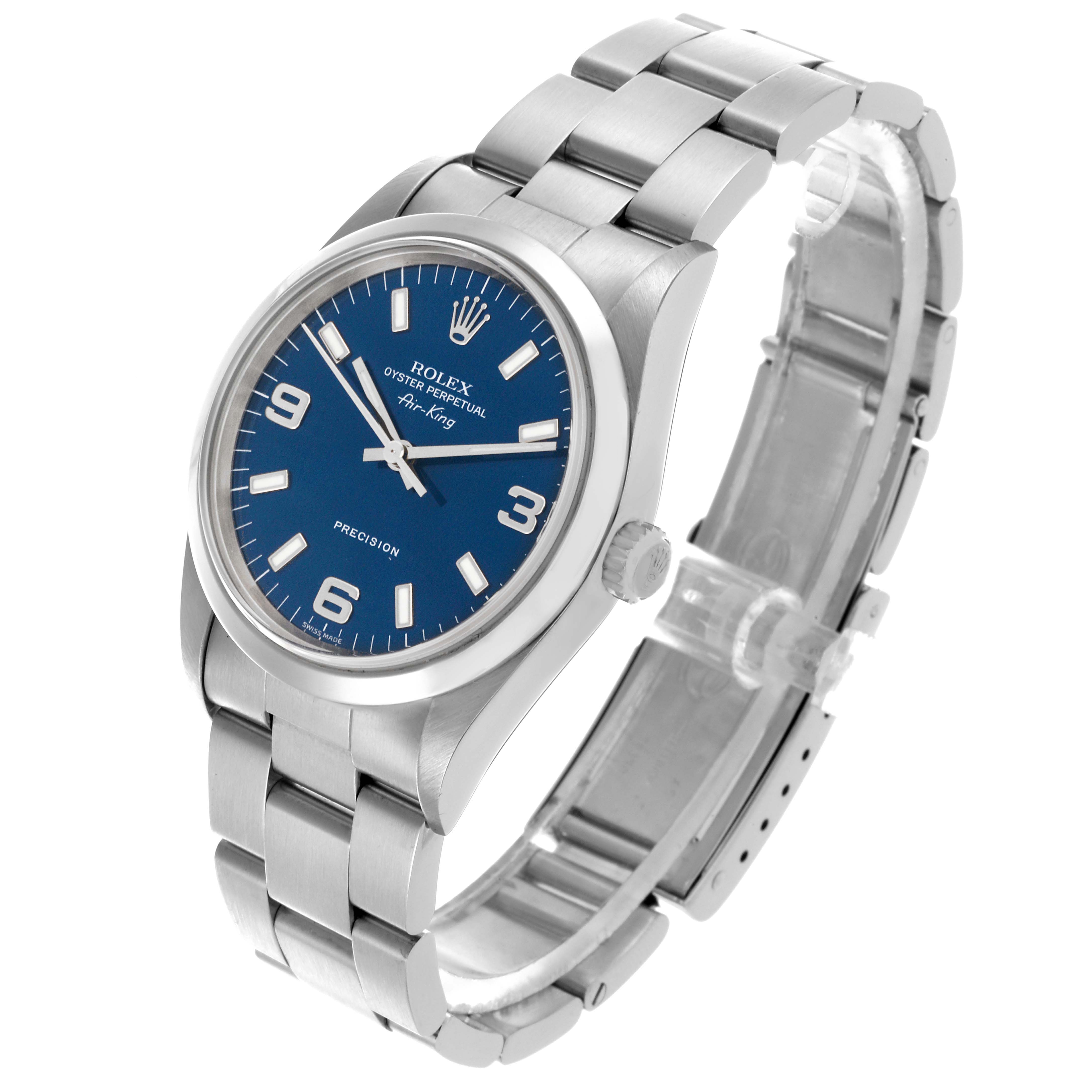 The Rolex Air-King 14000 Men's Stainless Steel Blue Dial 14000 Men's Stainless Steel Blue Dial watch is shown from a side angle displaying the face, crown, and bracelet.