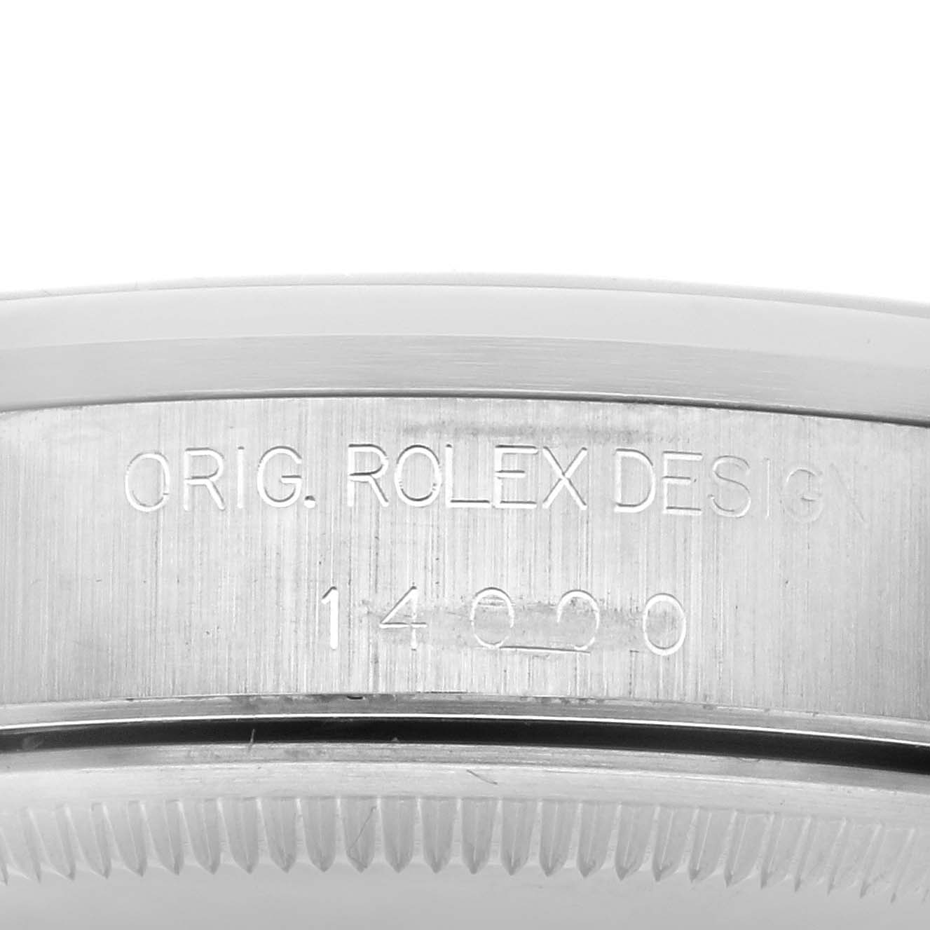 The image shows a close-up of the side of a Rolex Air-King 14000 Men's Stainless Steel Blue Dial 14000 Men's Stainless Steel Blue Dial watch, displaying model engraving.