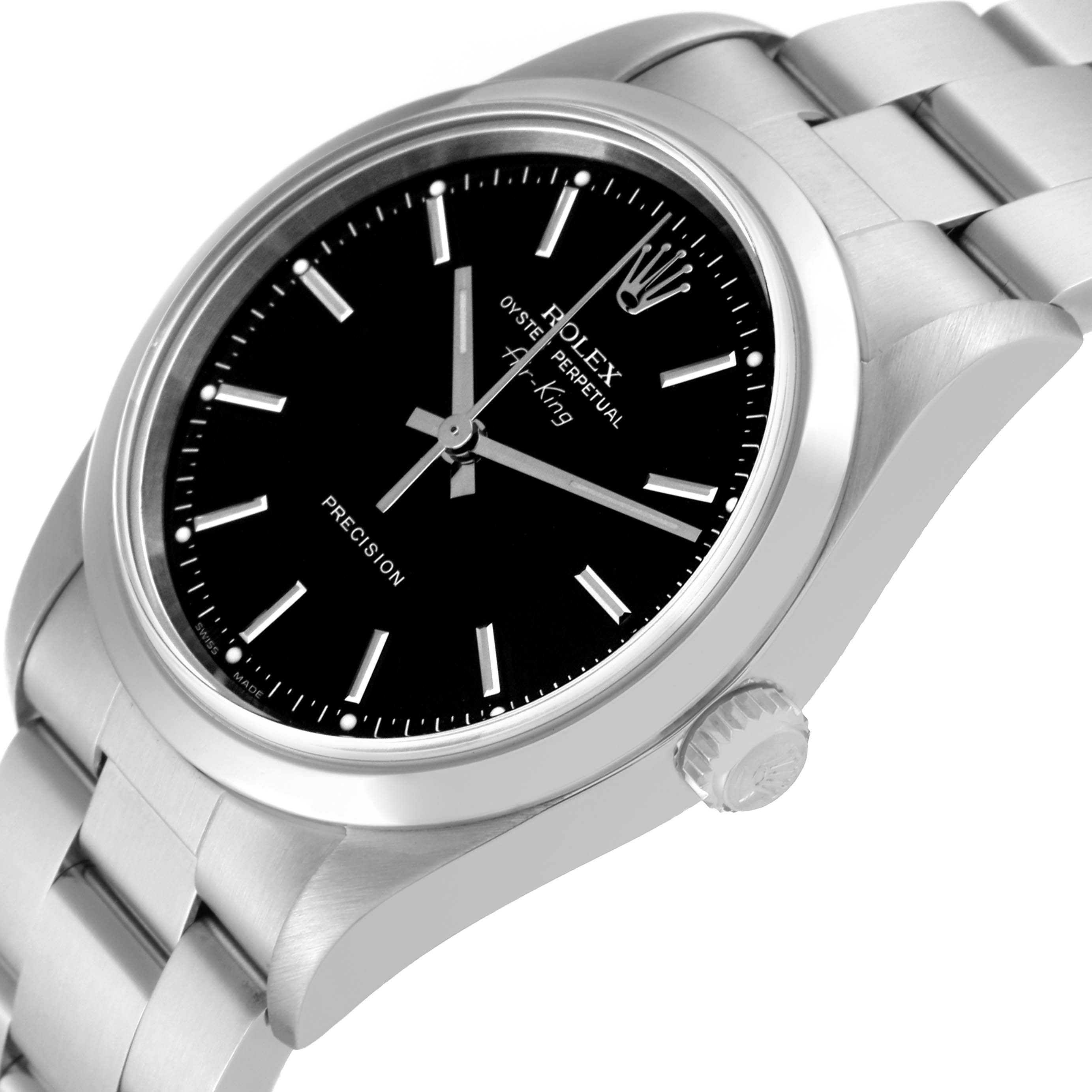 The image shows a close-up angled view of a Rolex Air-King 14000 Men's Stainless Steel Black Dial 14000 Men's Stainless Steel Black Dial watch, highlighting the dial, bezel, bracelet, and crown.