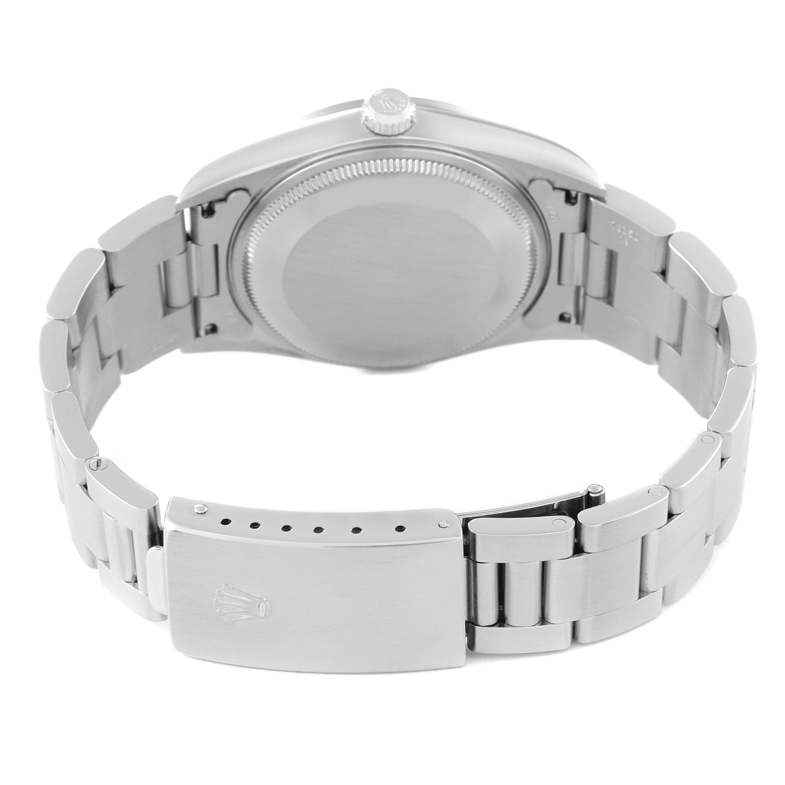 This image shows the back view of the Rolex Air-King 14000 Men's Stainless Steel Black Dial 14000 Men's Stainless Steel Black Dial watch, highlighting its case back and bracelet clasp.