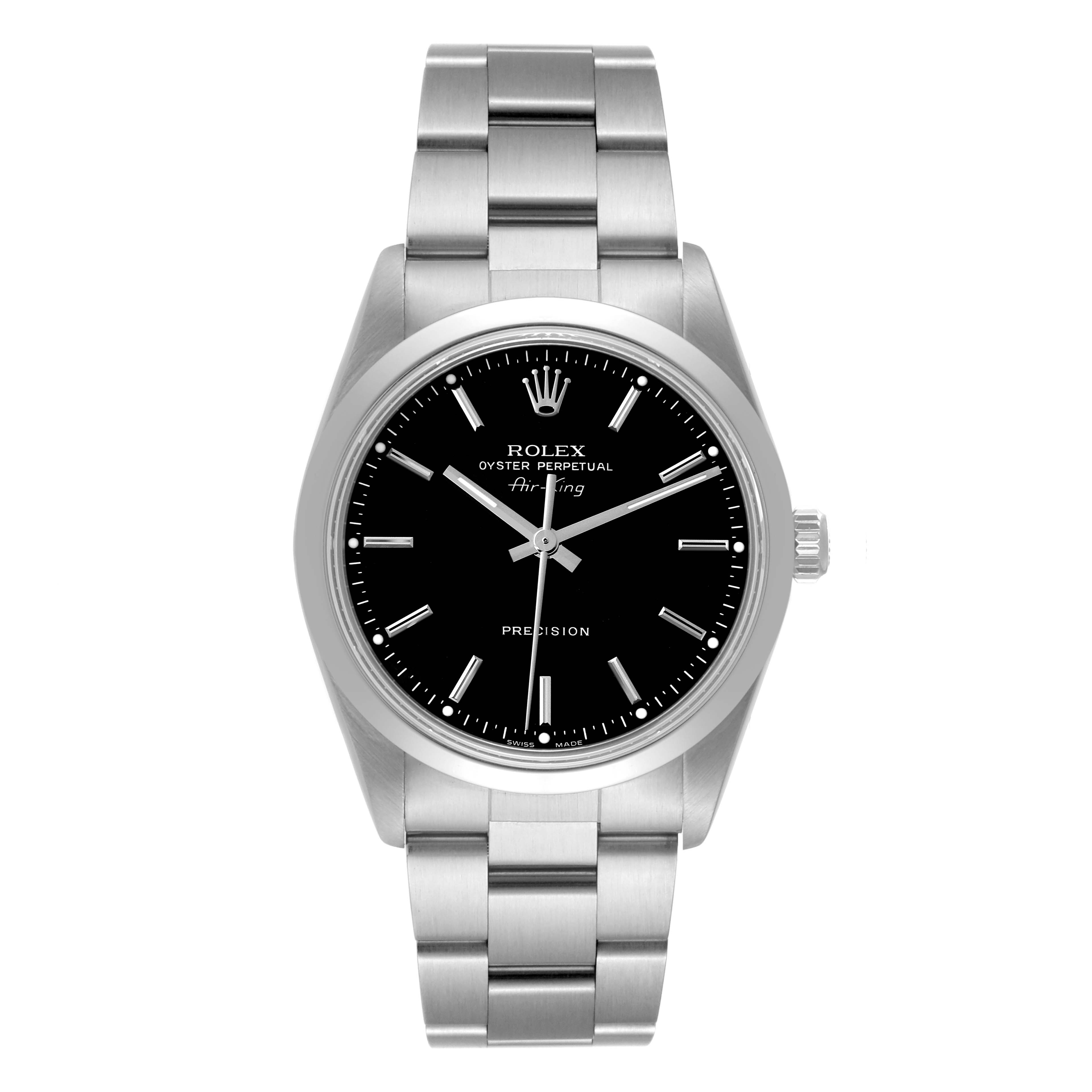 The image shows a front view of the Rolex Air-King 14000 Men's Stainless Steel Black Dial 14000 Men's Stainless Steel Black Dial watch, displaying the face, bezel, crown, and bracelet.