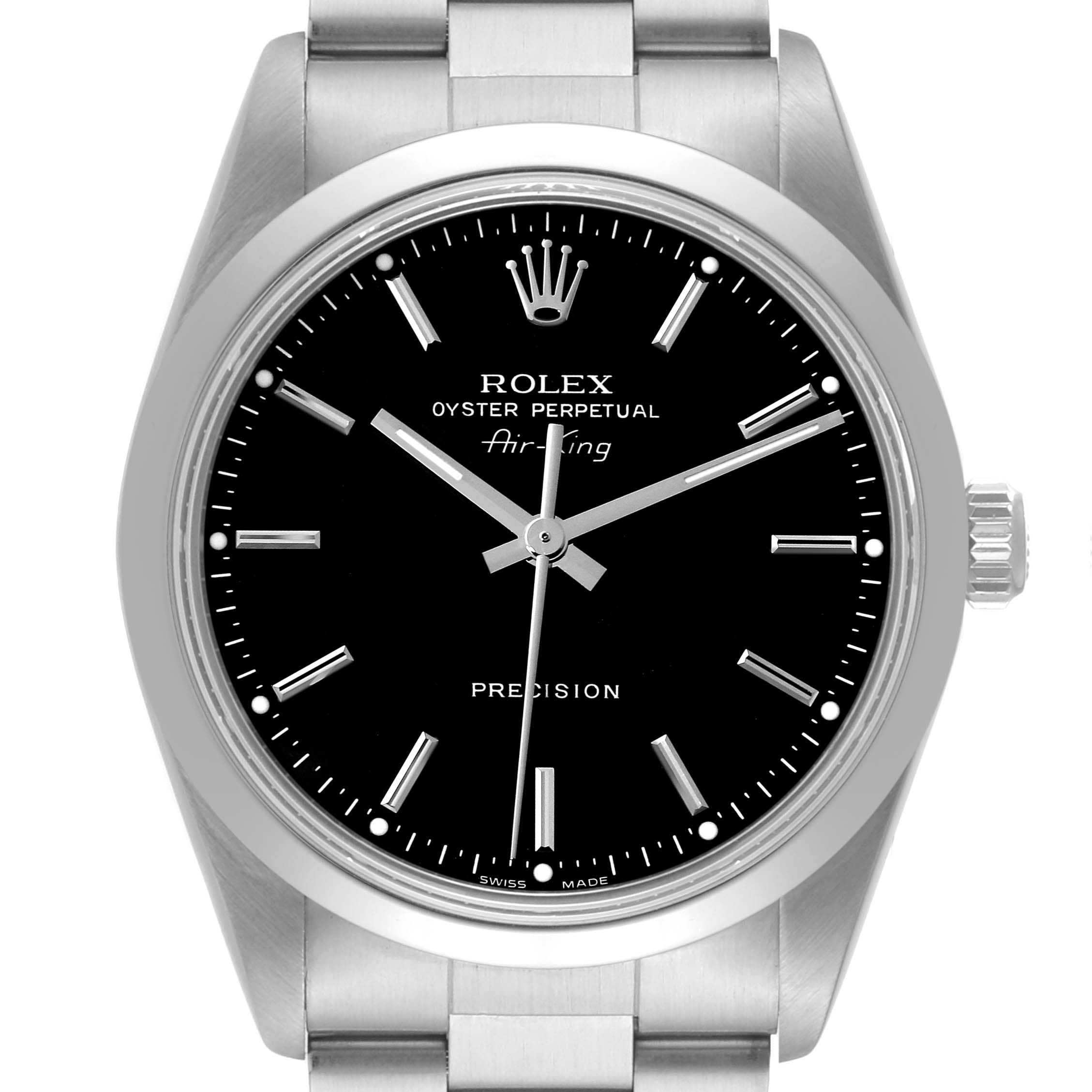 The image shows a frontal close-up view of the Rolex Air-King 14000 Men's Stainless Steel Black Dial 14000 Men's Stainless Steel Black Dial watch, displaying its dial, bezel, and bracelet.
