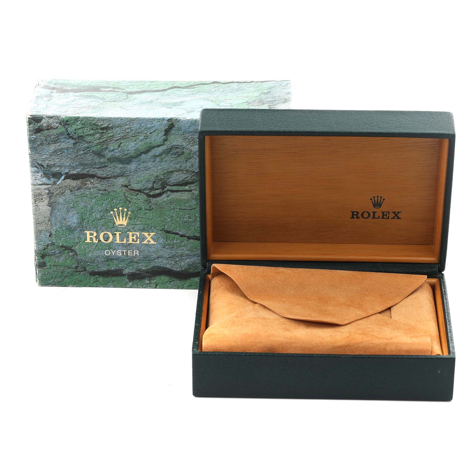 The image shows a rectangle Rolex Air-King 14010M Men's Stainless Steel Black Dial 14010M Men's Stainless Steel Black Dial watch box and a suede pouch, with the lid open and outer packaging visible.