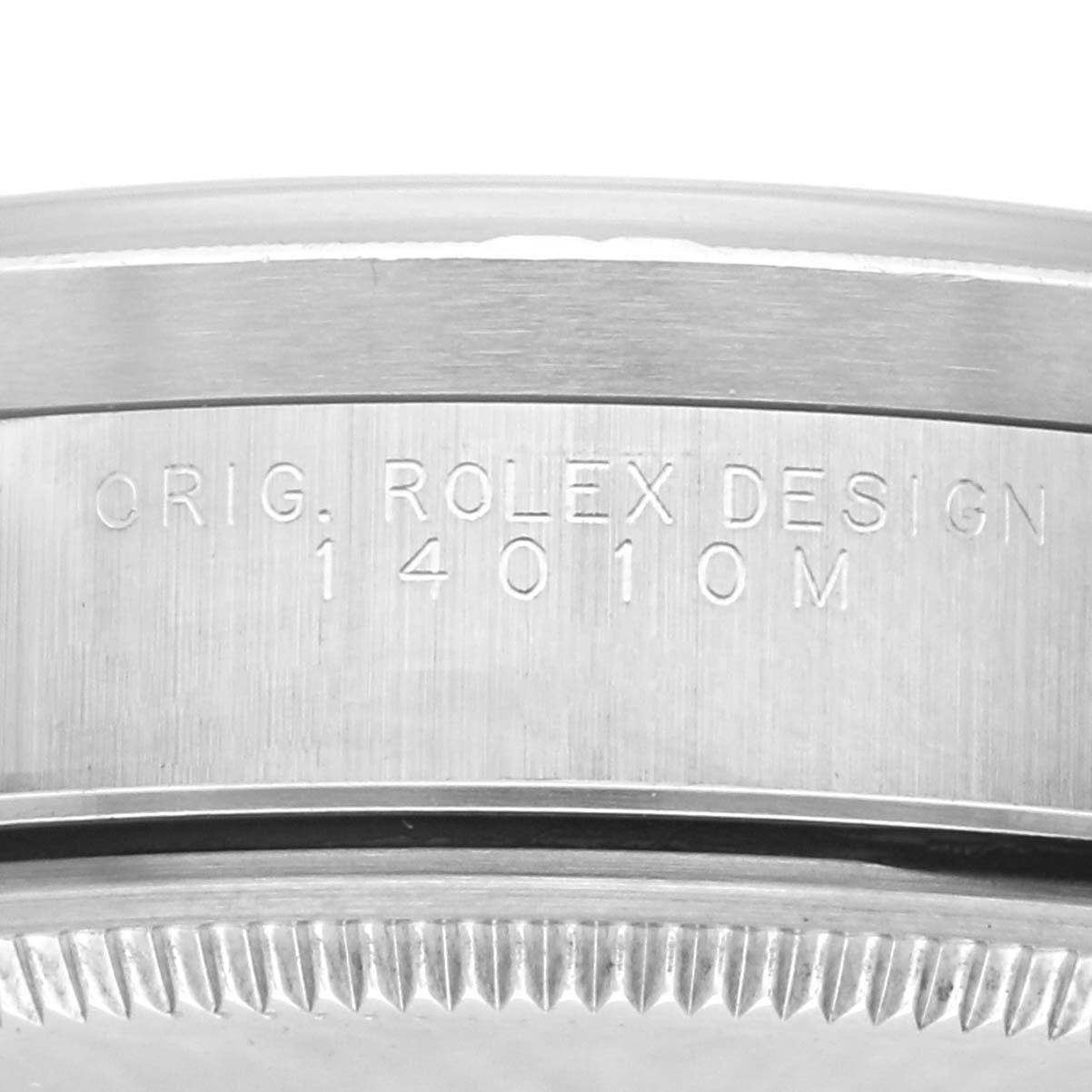 The image shows a close-up of the case side edge with the engraved model number on a Rolex Air-King 14010M Men's Stainless Steel Black Dial 14010M Men's Stainless Steel Black Dial watch.